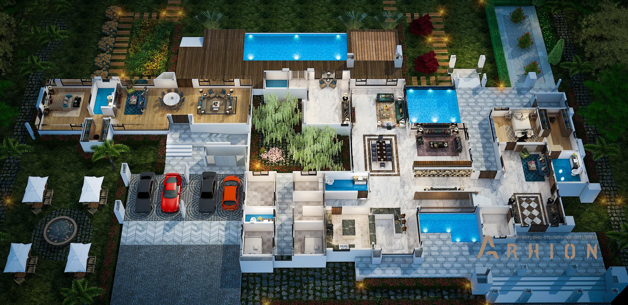 3. Проект двухэтажного дома в стиле хай-тек с плоской кровлей , v-1365, площадью - 1057 кв c терассой, балконом, гаражом, бассейном, вторым светом