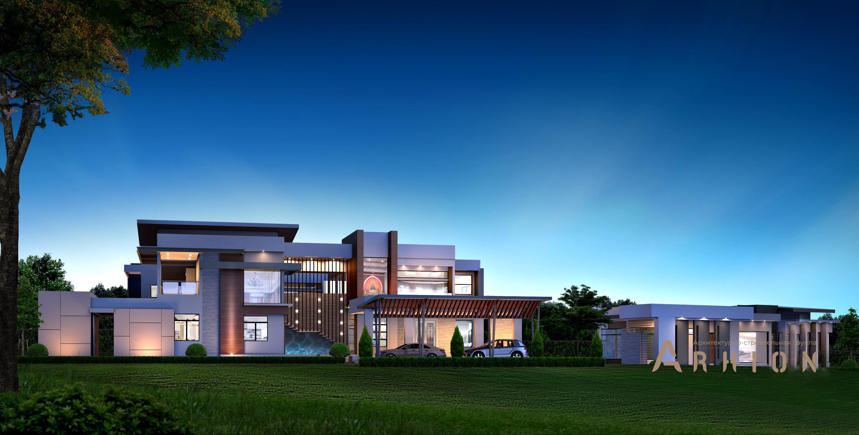 1. Проект двухэтажного дома в стиле хай-тек с плоской кровлей , v-1365, площадью - 1057 кв c терассой, балконом, гаражом, бассейном, вторым светом