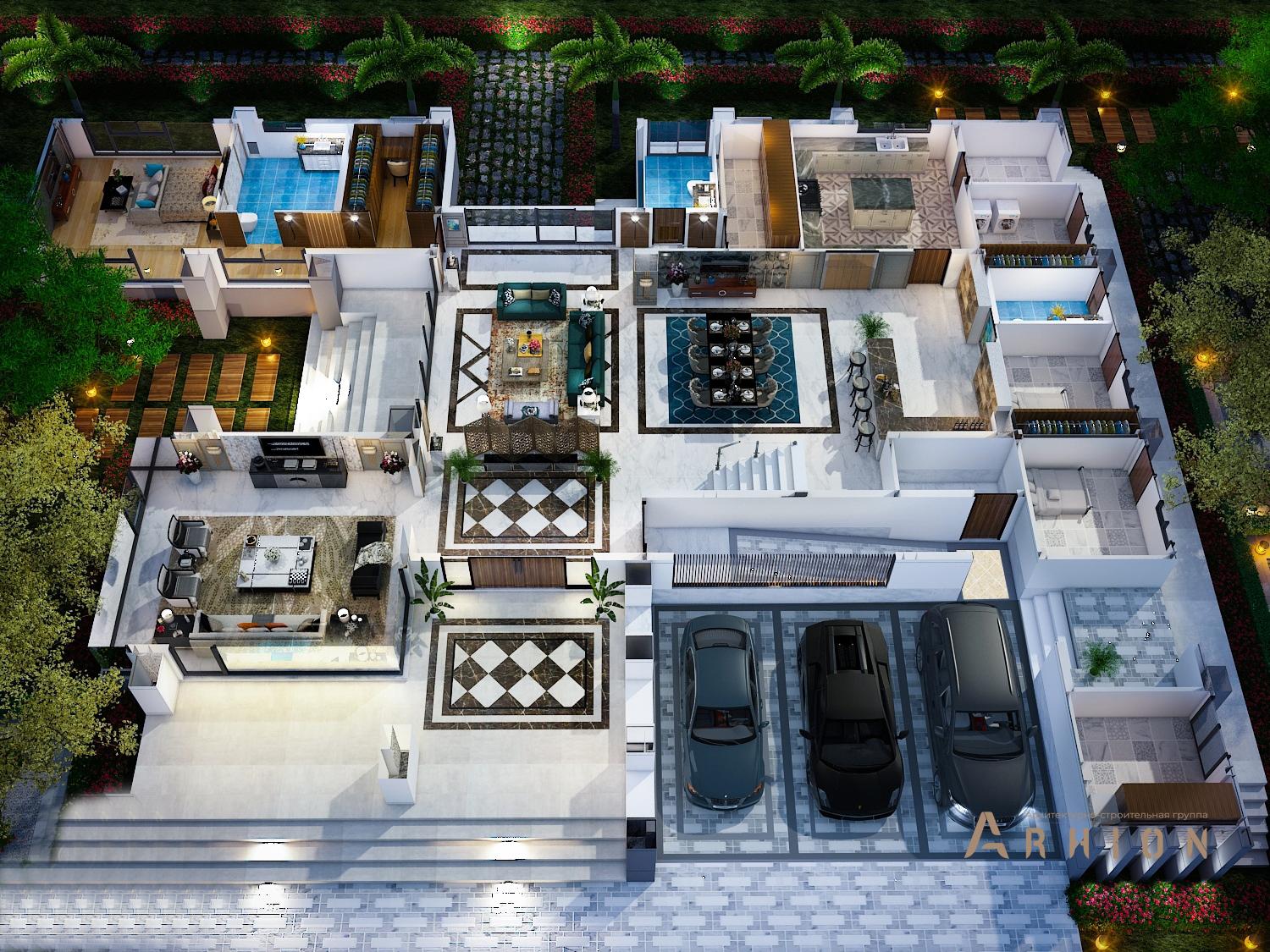 2. Проект двухэтажного дома в стиле хай-тек с плоской кровлей , v-1410, площадью - 1276 кв c балконом, гаражом, вторым светом