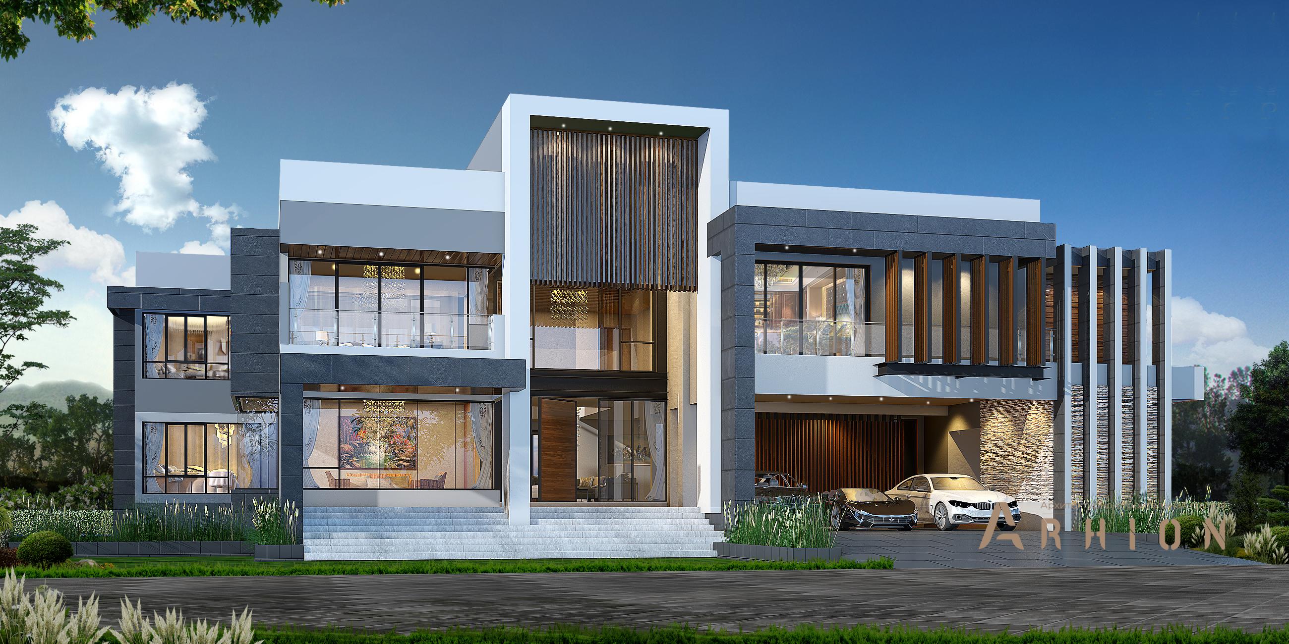 1. Проект двухэтажного дома в стиле хай-тек с плоской кровлей , v-1410, площадью - 1276 кв c балконом, гаражом, вторым светом