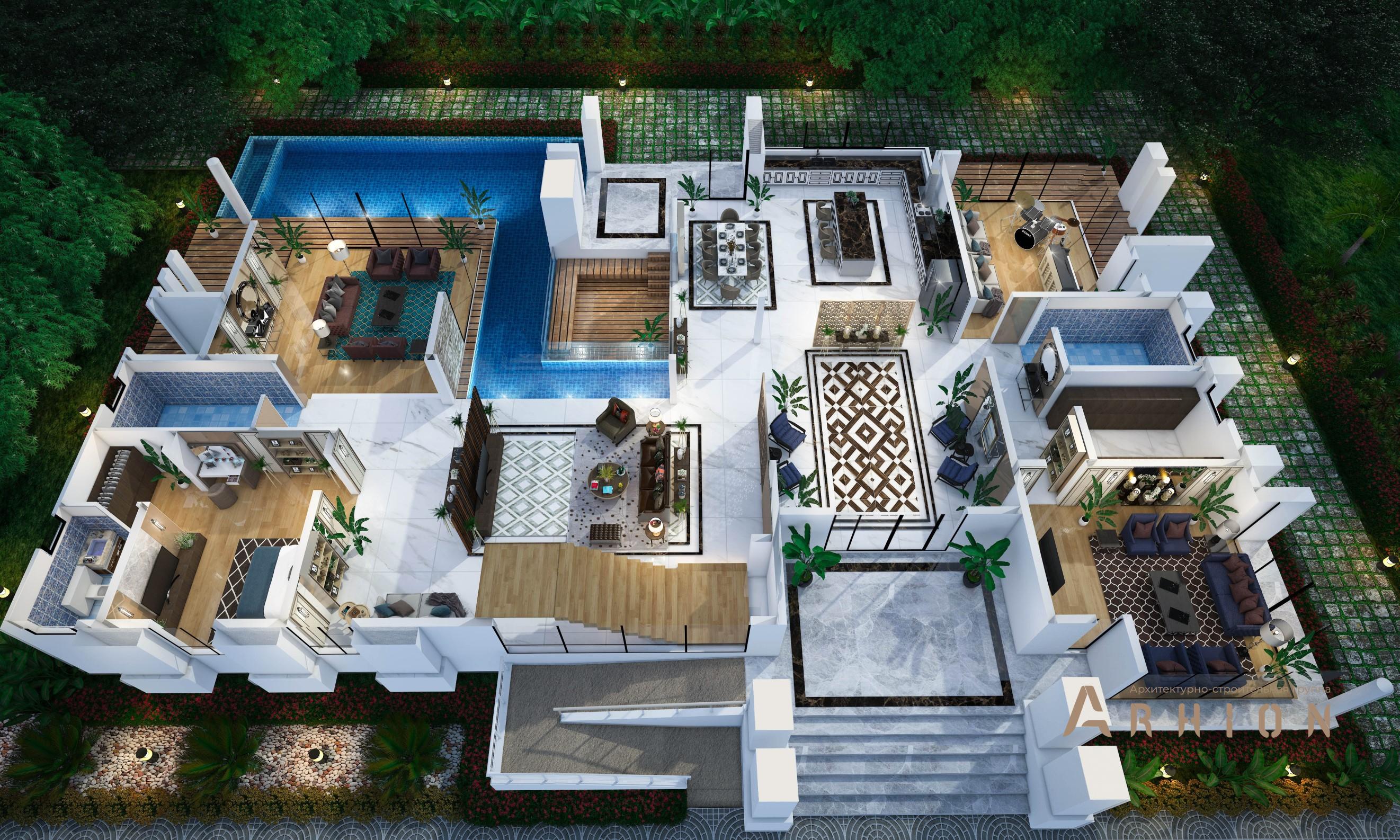 2. Проект трехэтажного дома в стиле хай-тек с многоскатной кровлей, v-1510, площадью - 1093 кв c сауной, терассой, балконом, бассейном, вторым светом