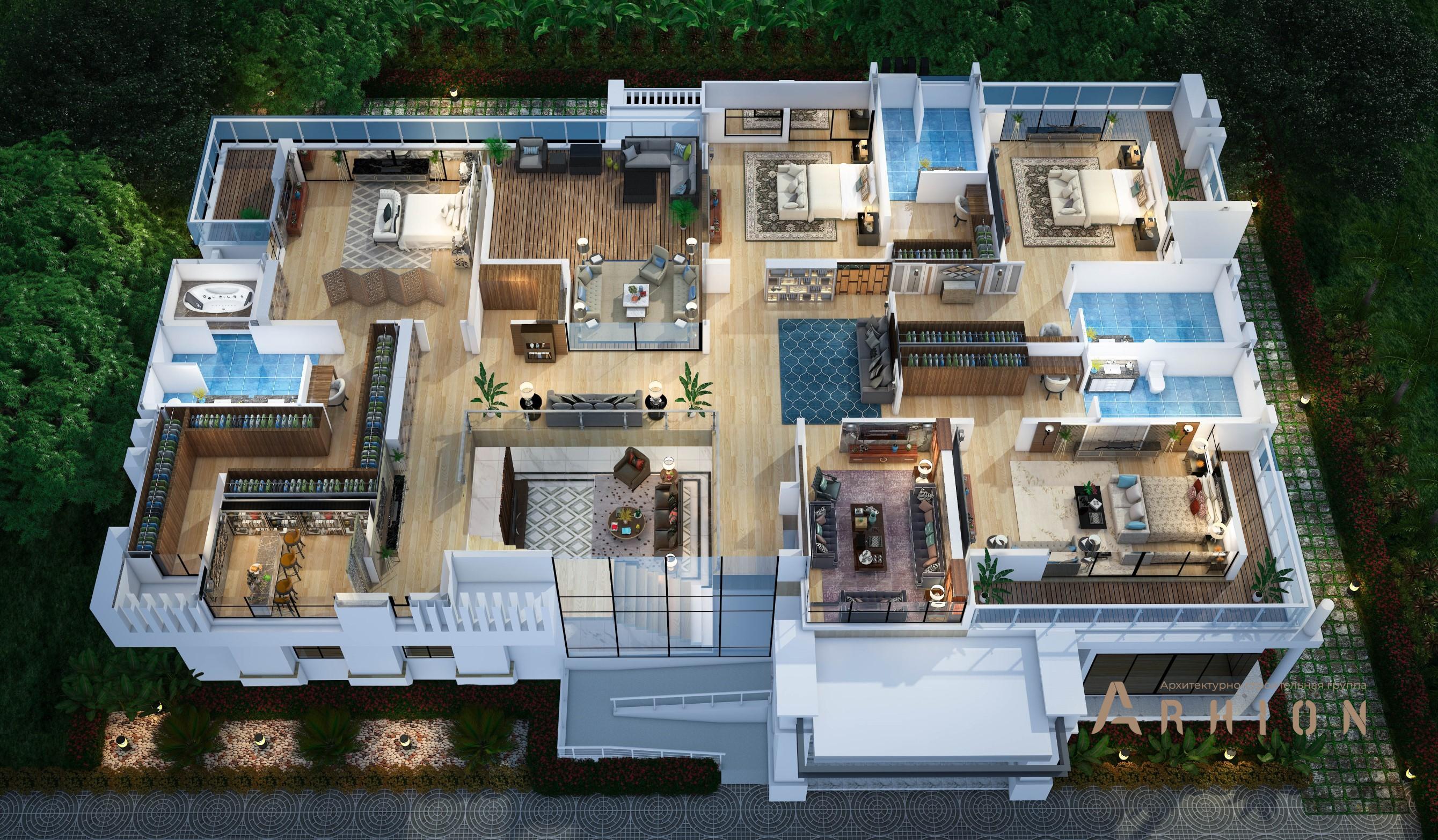 4. Проект трехэтажного дома в стиле хай-тек с многоскатной кровлей, v-1510, площадью - 1093 кв c сауной, терассой, балконом, бассейном, вторым светом