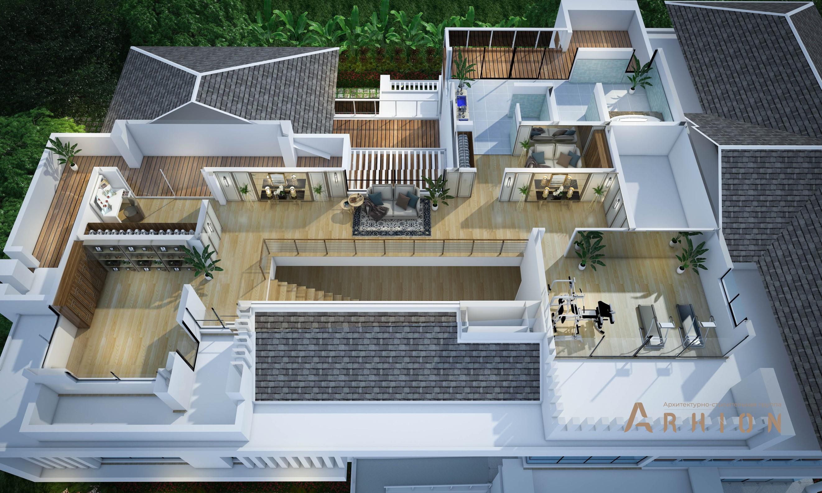 3. Проект трехэтажного дома в стиле хай-тек с многоскатной кровлей, v-1510, площадью - 1093 кв c сауной, терассой, балконом, бассейном, вторым светом