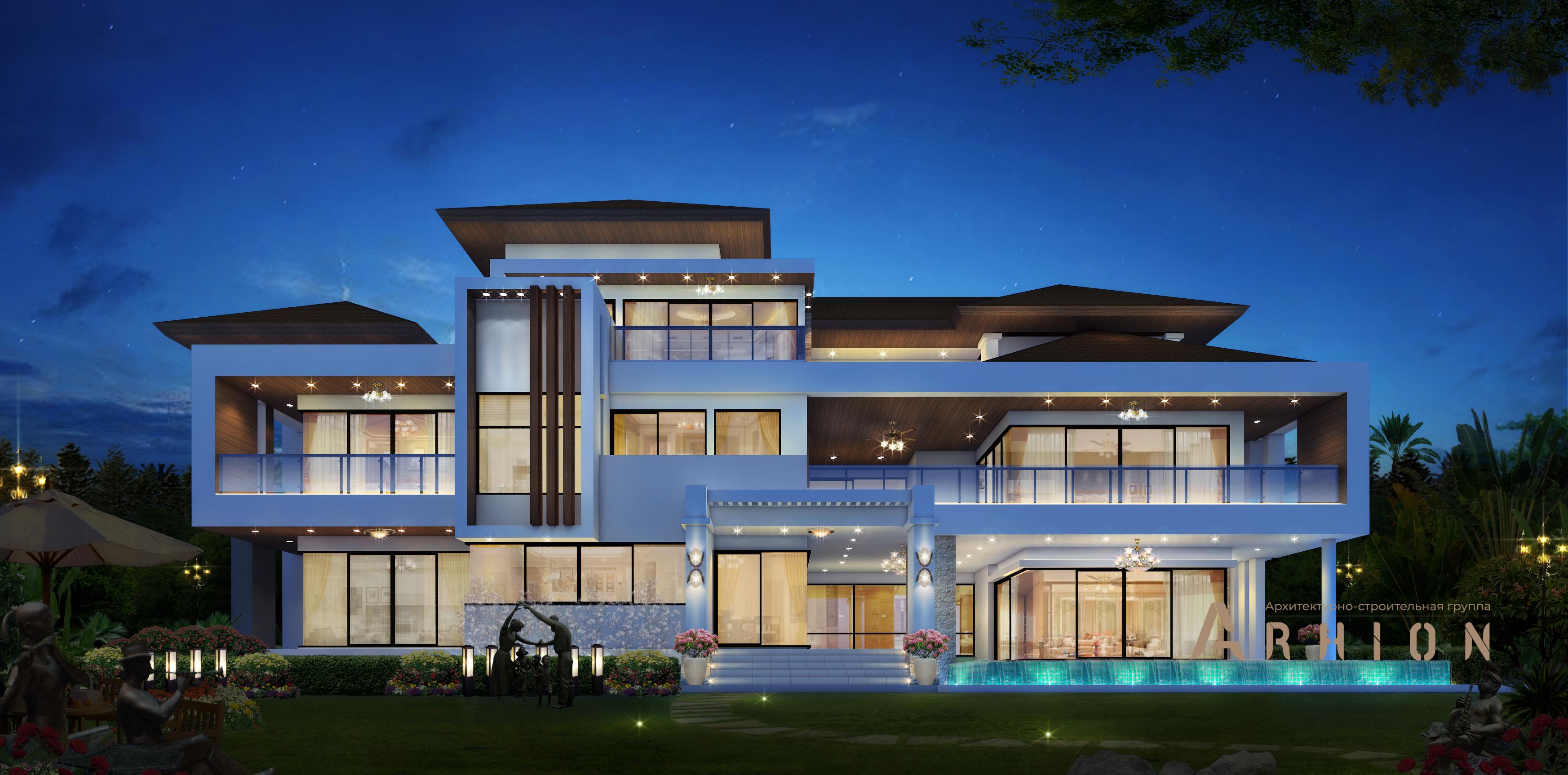 1. Проект трехэтажного дома в стиле хай-тек с многоскатной кровлей, v-1510, площадью - 1093 кв c сауной, терассой, балконом, бассейном, вторым светом