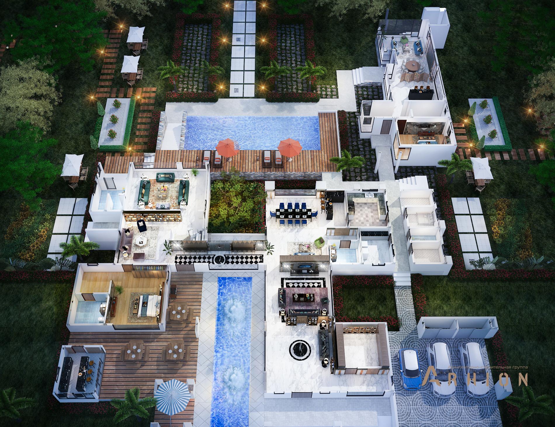 2. Проект двухэтажного дома в стиле хай-тек с плоской кровлей , v-1515, площадью - 1147 кв c терассой, балконом, гаражом, бассейном