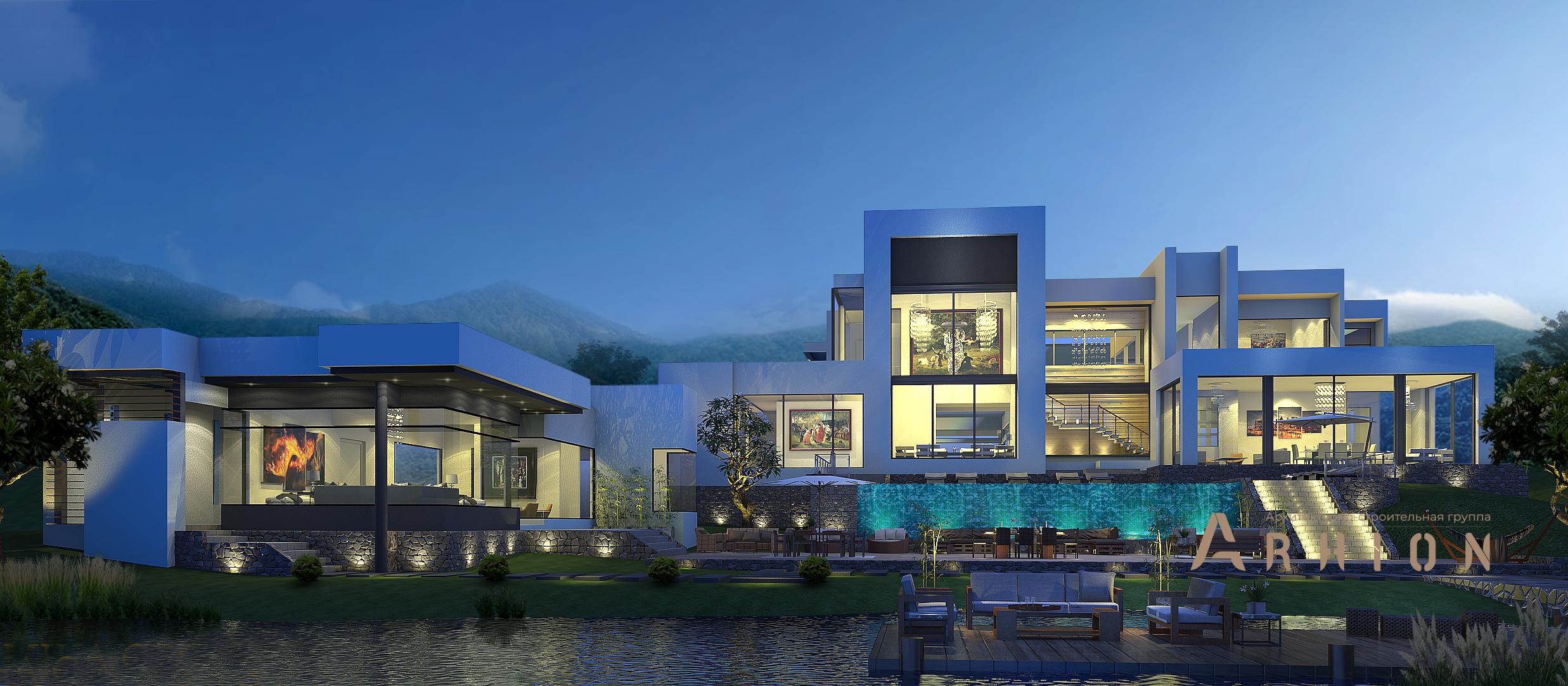 1. Проект двухэтажного дома в стиле хай-тек с плоской кровлей , v-1515, площадью - 1147 кв c терассой, балконом, гаражом, бассейном