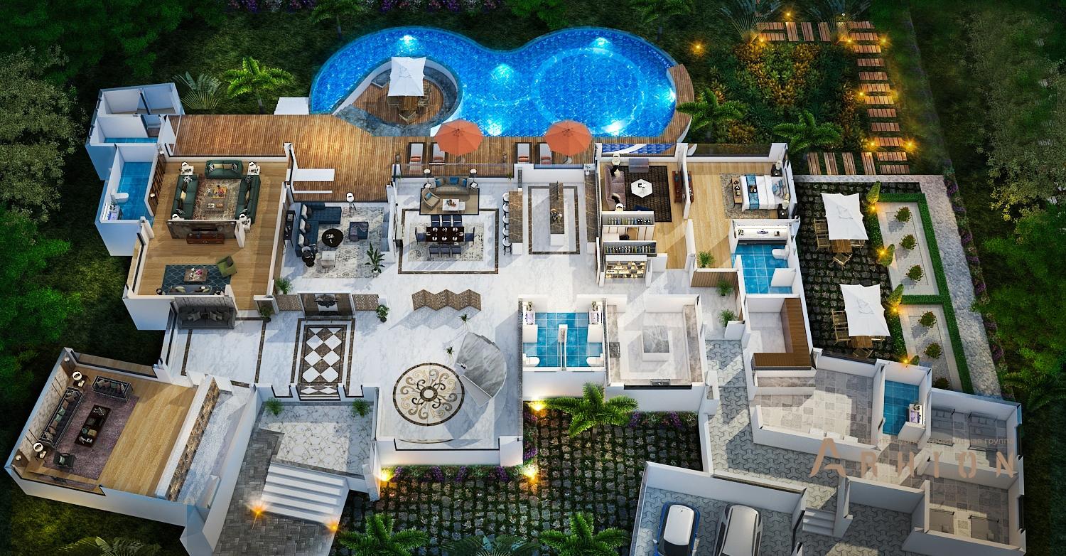 2. Проект двухэтажного дома в стиле хай-тек с плоской кровлей , v-1530, площадью - 1106 кв c терассой, балконом, гаражом, бассейном, вторым светом