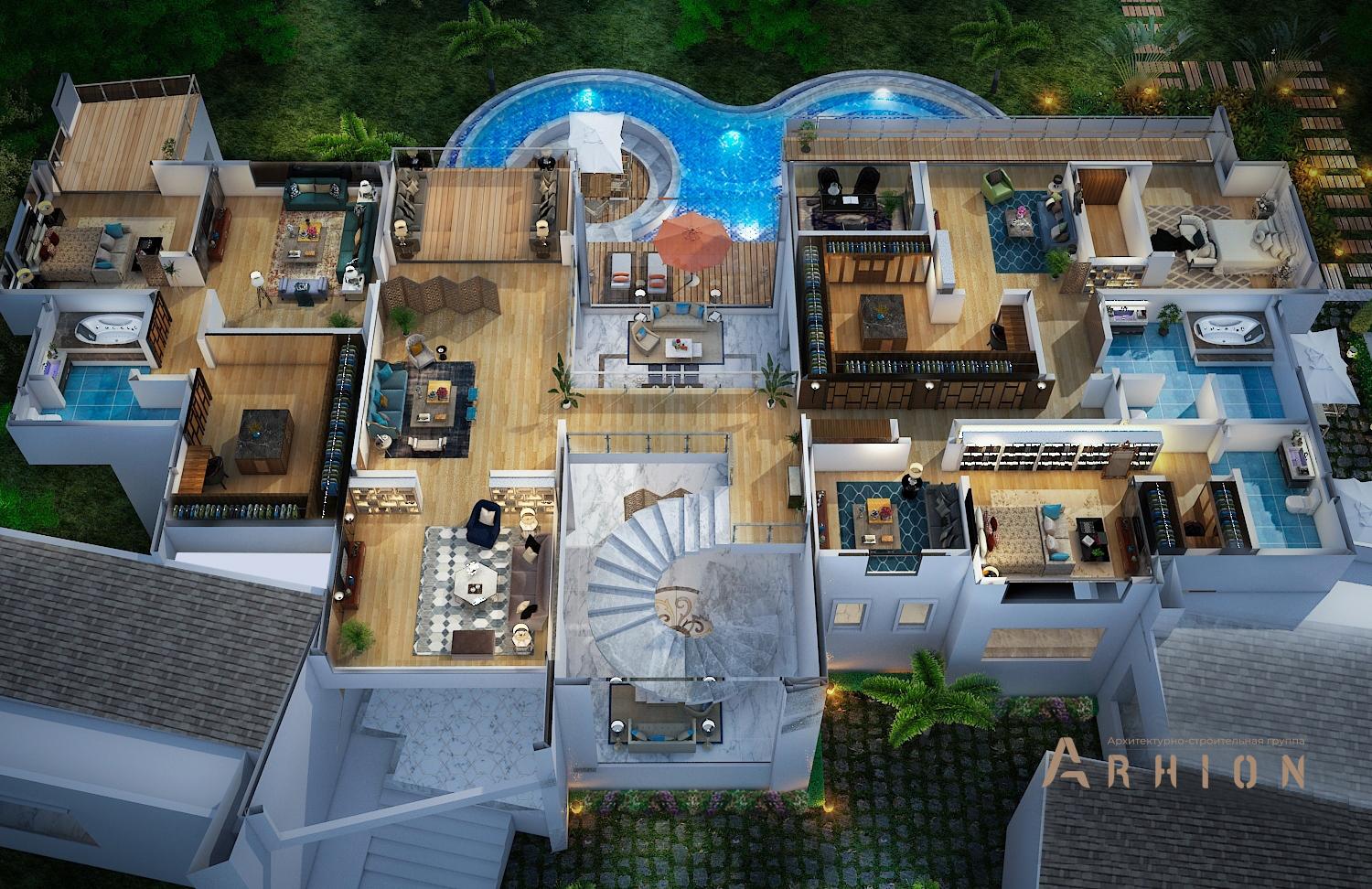 3. Проект двухэтажного дома в стиле хай-тек с плоской кровлей , v-1530, площадью - 1106 кв c терассой, балконом, гаражом, бассейном, вторым светом