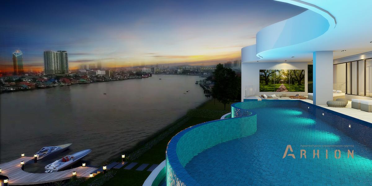 4. Проект двухэтажного дома в стиле хай-тек с плоской кровлей , v-1530, площадью - 1106 кв c терассой, балконом, гаражом, бассейном, вторым светом