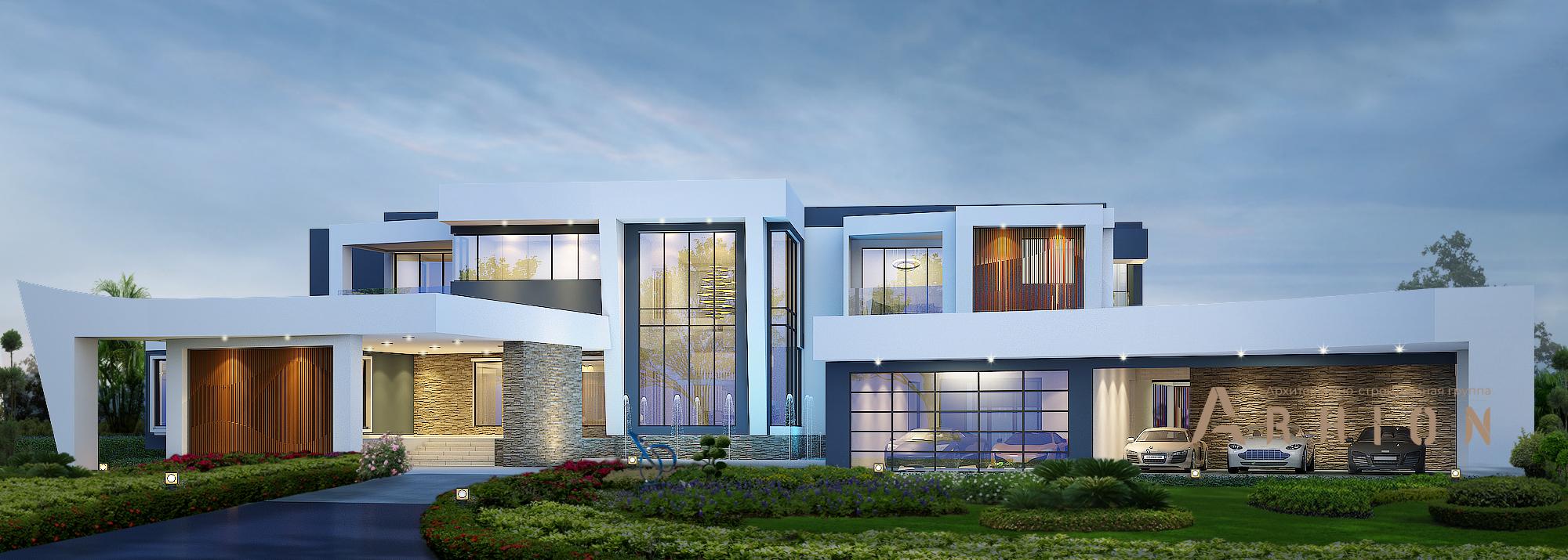 1. Проект двухэтажного дома в стиле хай-тек с плоской кровлей , v-1530, площадью - 1106 кв c терассой, балконом, гаражом, бассейном, вторым светом