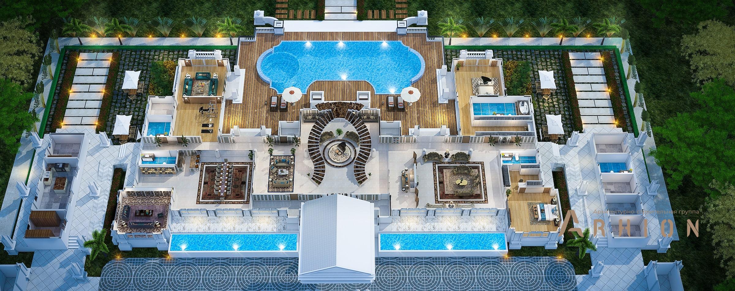 3. Проект двухэтажного дома в классическом стиле с многоскатной кровлей, v-1650, площадью - 1359 кв c терассой, балконом, гаражом, бассейном