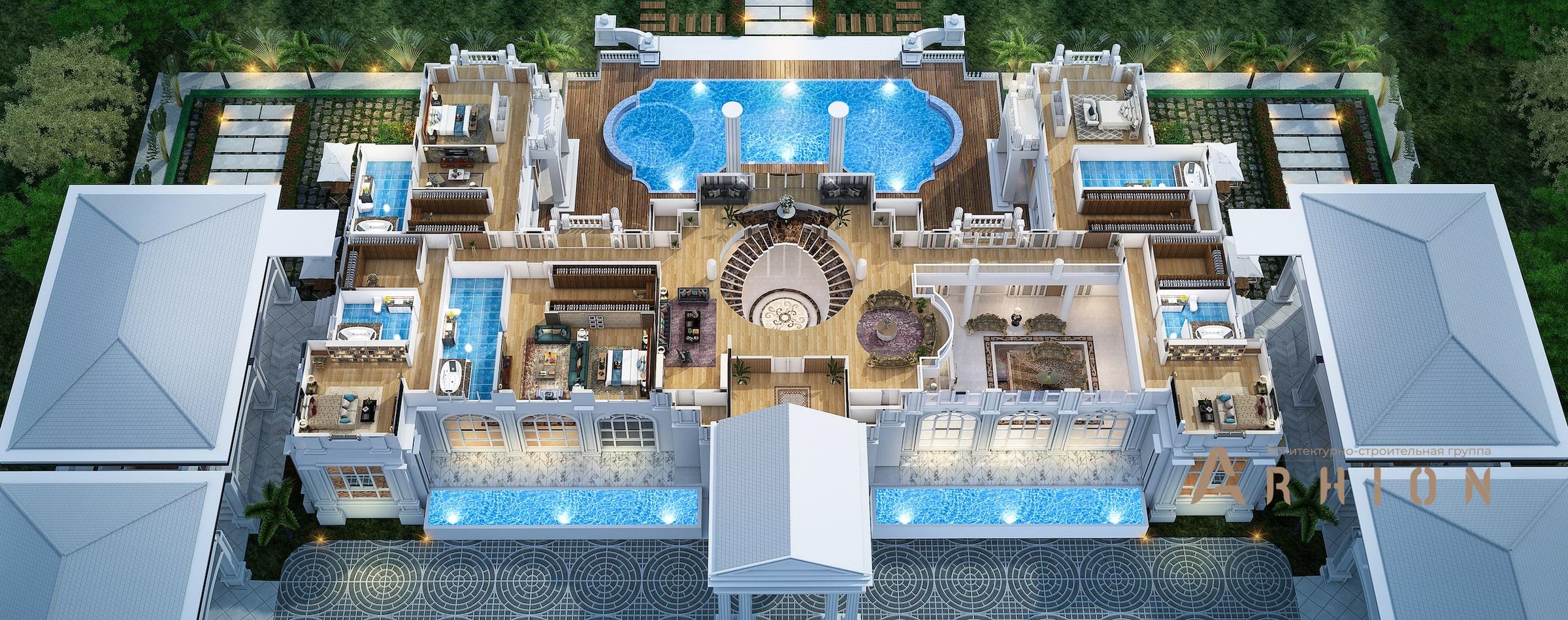 2. Проект двухэтажного дома в классическом стиле с многоскатной кровлей, v-1650, площадью - 1359 кв c терассой, балконом, гаражом, бассейном