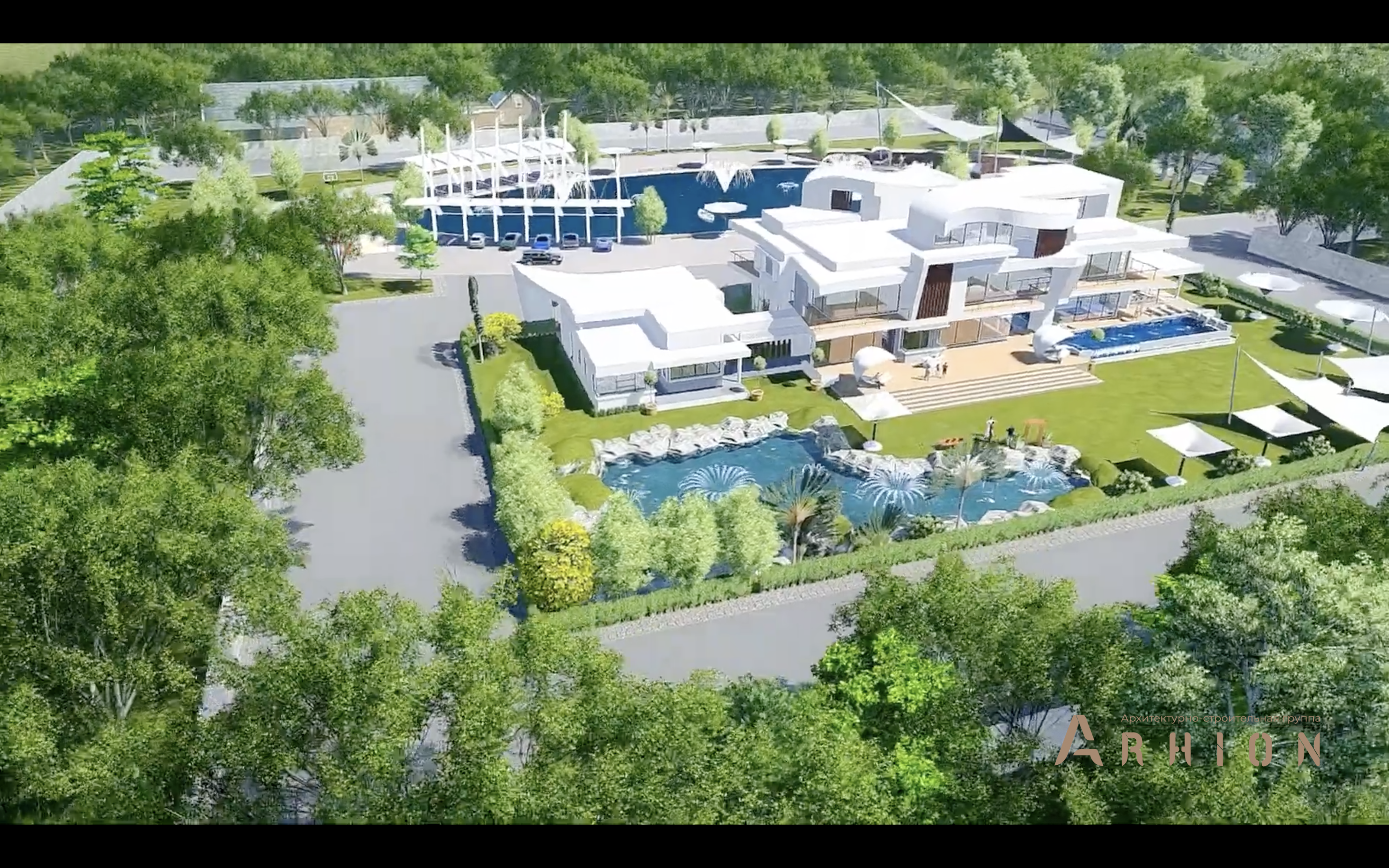 9. Проект трехэтажного дома в стиле хай-тек с плоской кровлей , v-1750, площадью - 1270 кв c терассой, гаражом, бассейном, вторым светом