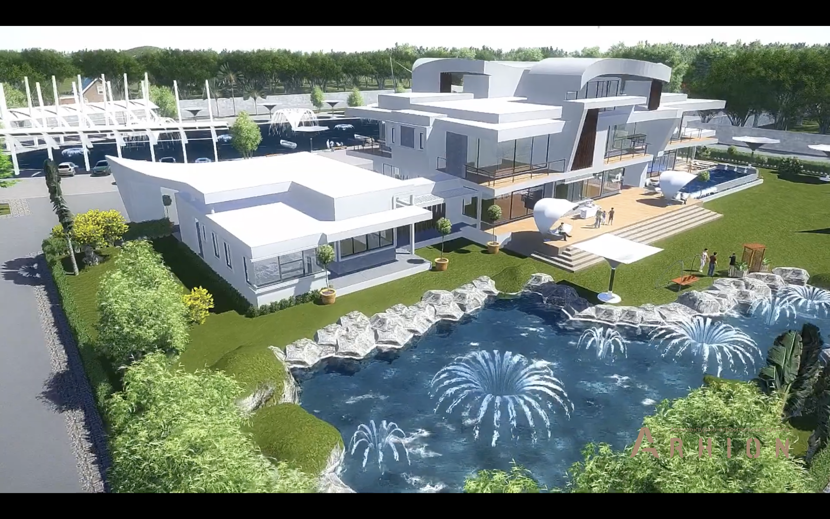 6. Проект трехэтажного дома в стиле хай-тек с плоской кровлей , v-1750, площадью - 1270 кв c терассой, гаражом, бассейном, вторым светом