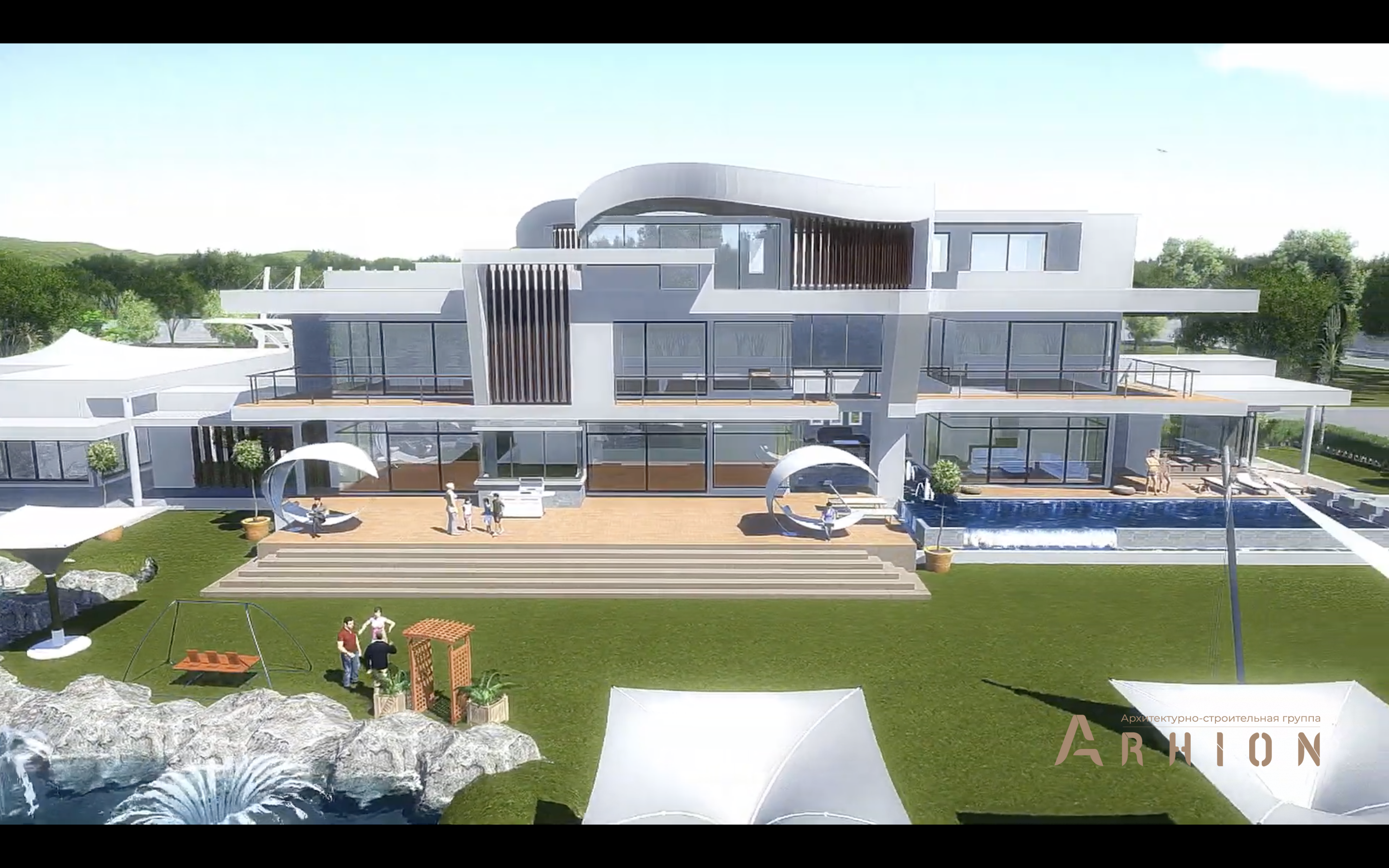 7. Проект трехэтажного дома в стиле хай-тек с плоской кровлей , v-1750, площадью - 1270 кв c терассой, гаражом, бассейном, вторым светом