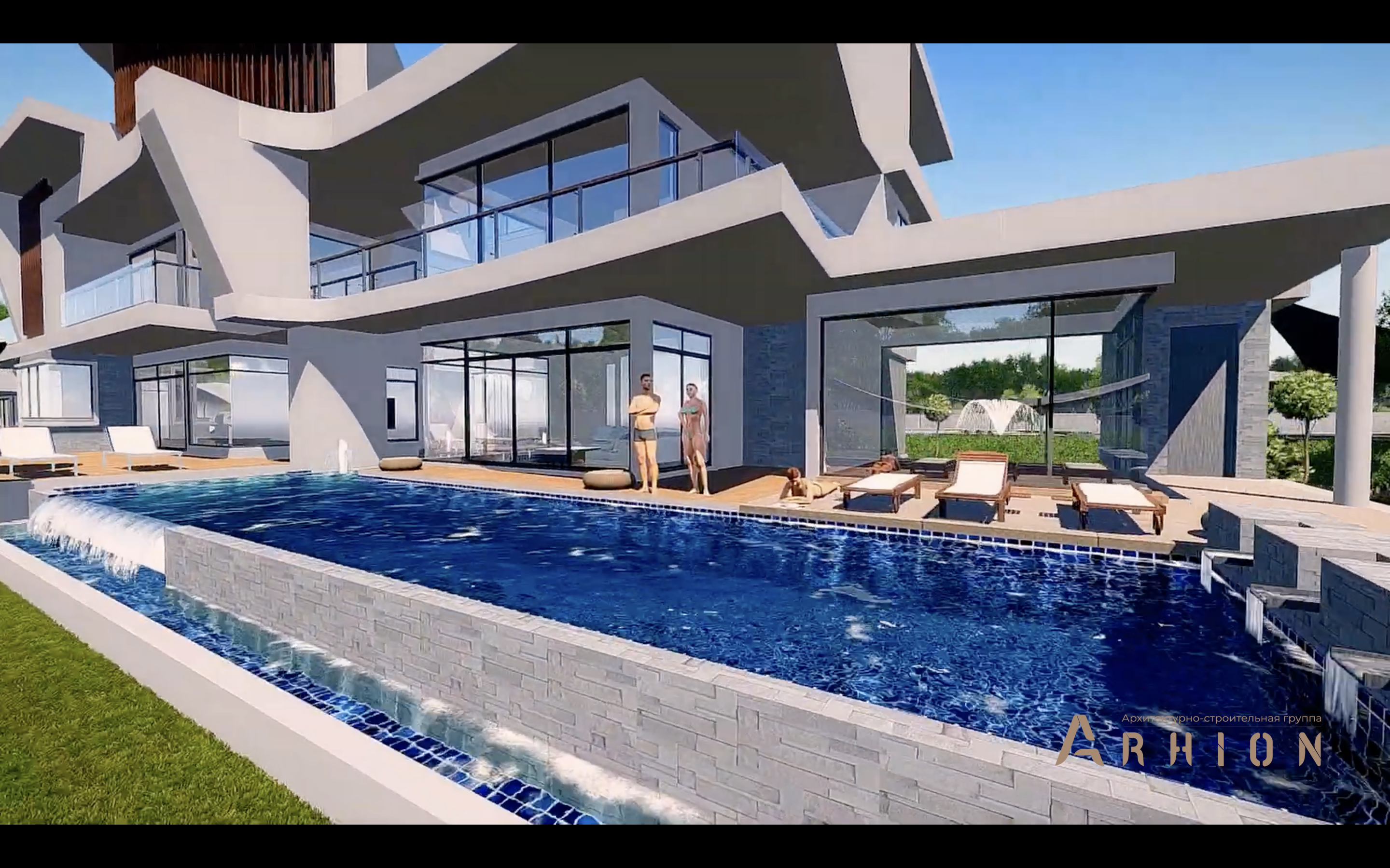 12. Проект трехэтажного дома в стиле хай-тек с плоской кровлей , v-1750, площадью - 1270 кв c терассой, гаражом, бассейном, вторым светом