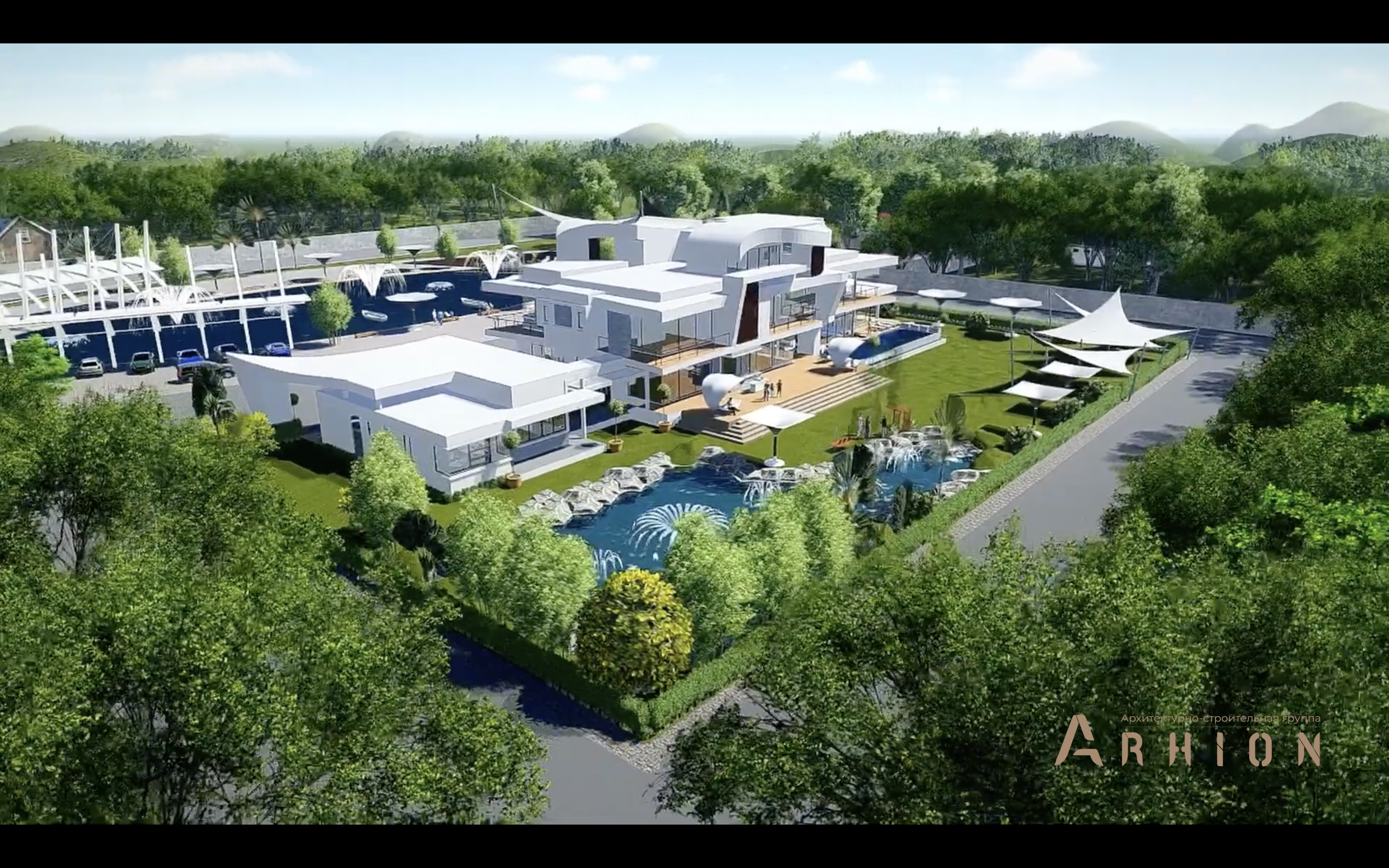 16. Проект трехэтажного дома в стиле хай-тек с плоской кровлей , v-1750, площадью - 1270 кв c терассой, гаражом, бассейном, вторым светом