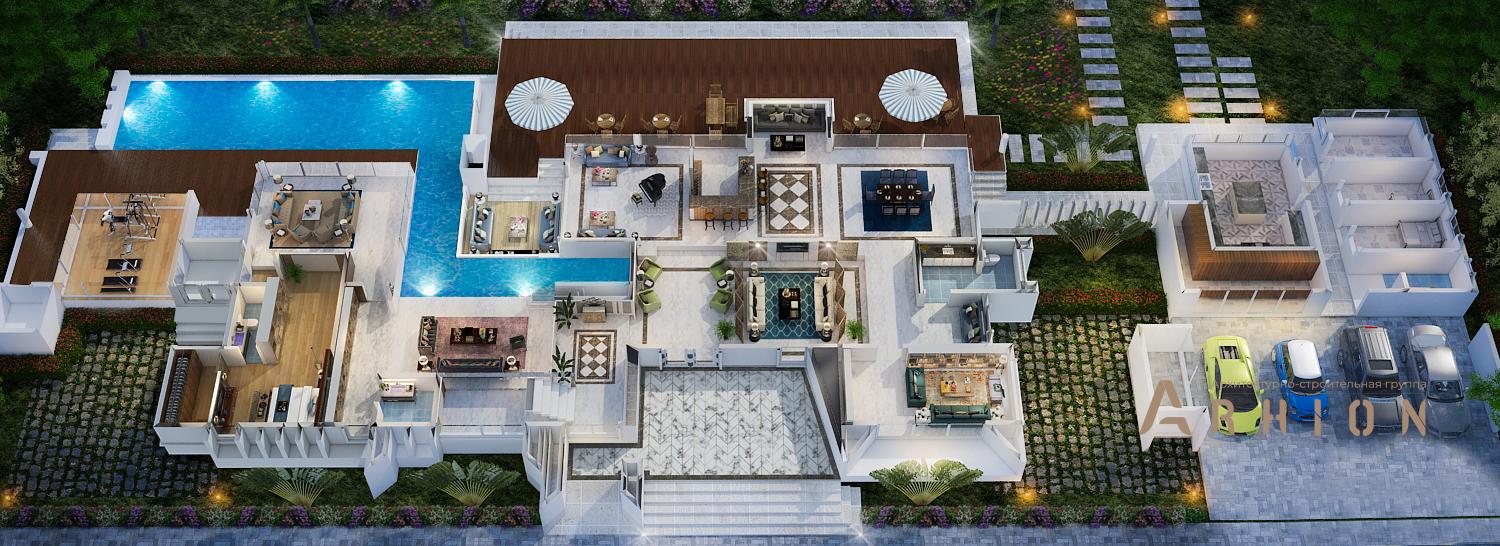 4. Проект трехэтажного дома в стиле хай-тек с плоской кровлей , v-1750, площадью - 1270 кв c терассой, гаражом, бассейном, вторым светом