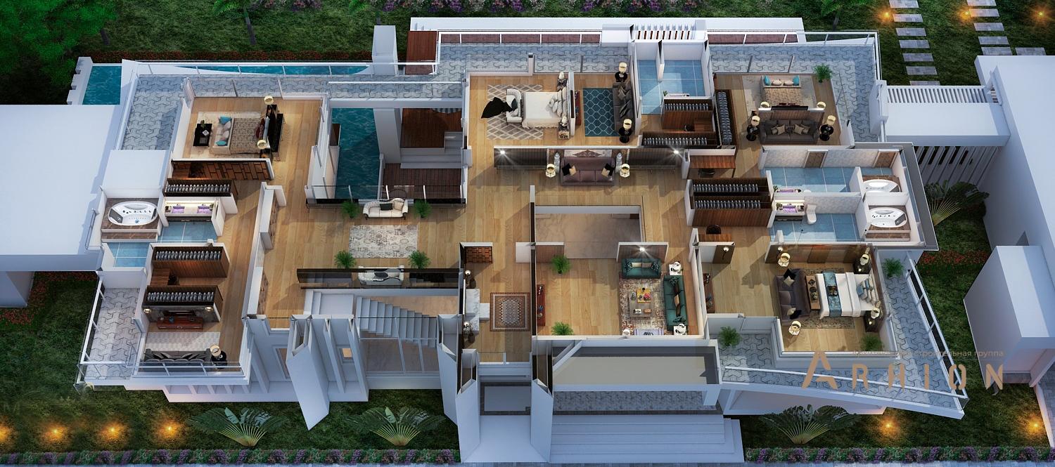 3. Проект трехэтажного дома в стиле хай-тек с плоской кровлей , v-1750, площадью - 1270 кв c терассой, гаражом, бассейном, вторым светом