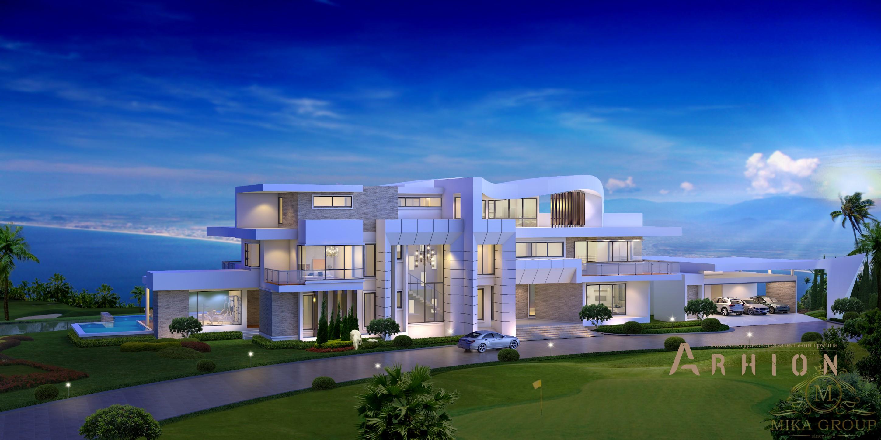 1. Проект трехэтажного дома в стиле хай-тек с плоской кровлей , v-1750, площадью - 1270 кв c терассой, гаражом, бассейном, вторым светом