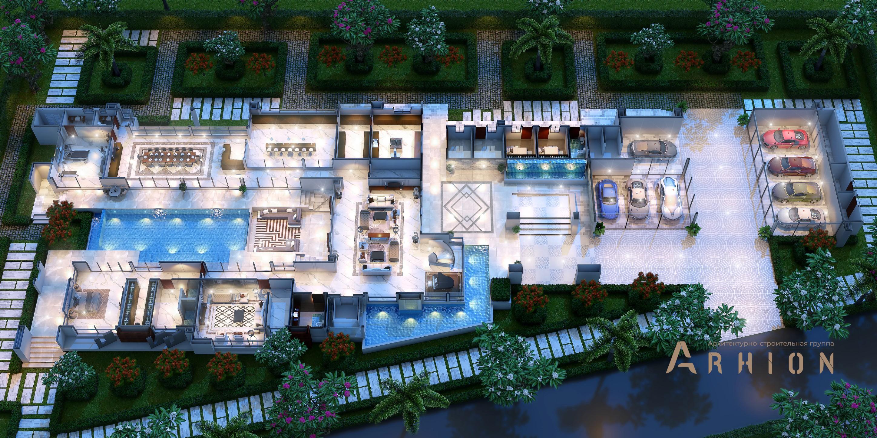 3. Проект двухэтажного дома в стиле хай-тек с плоской кровлей , v-1765, площадью - 1055 кв c терассой, гаражом, бассейном, вторым светом