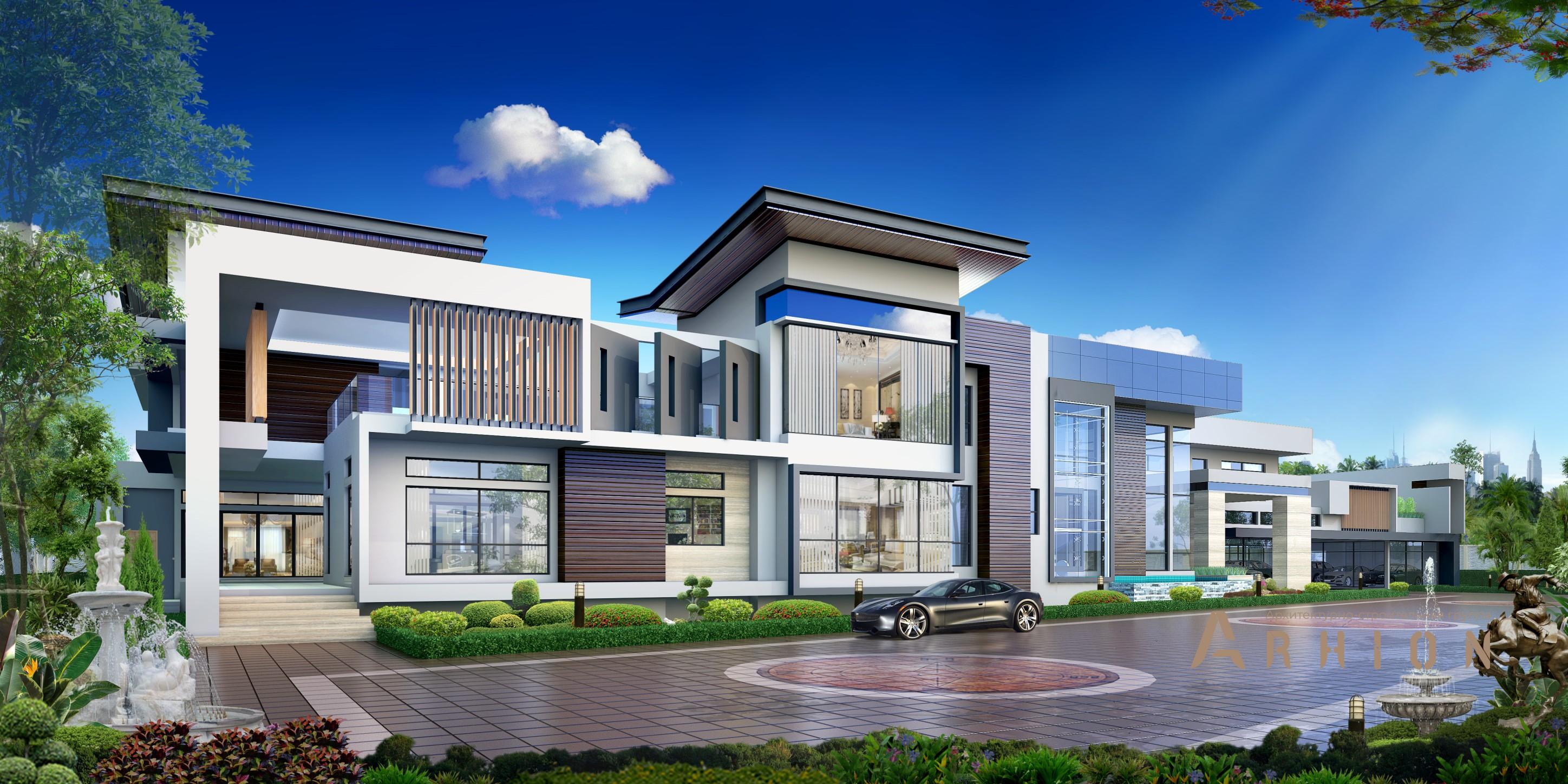 1. Проект двухэтажного дома в стиле хай-тек с плоской кровлей , v-1765, площадью - 1055 кв c терассой, гаражом, бассейном, вторым светом