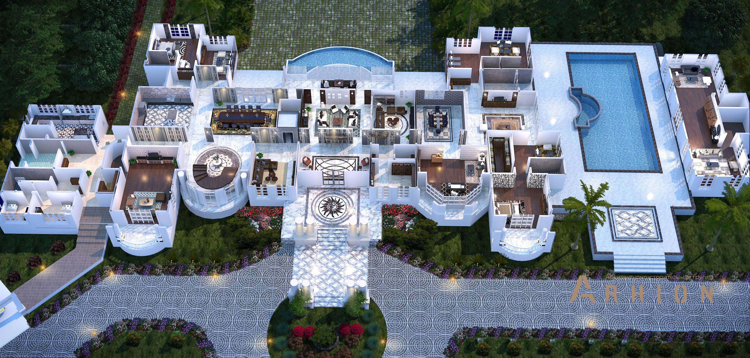 5. Проект трехэтажного дома в классическом стиле с многоскатной кровлей, v-2750, площадью - 2016 кв c цокольным этажом, терассой, гаражом, бассейном, эркером, вторым светом