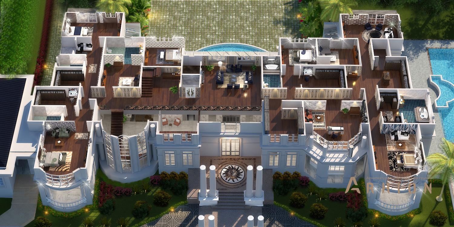 3. Проект трехэтажного дома в классическом стиле с многоскатной кровлей, v-2750, площадью - 2016 кв c цокольным этажом, терассой, гаражом, бассейном, эркером, вторым светом