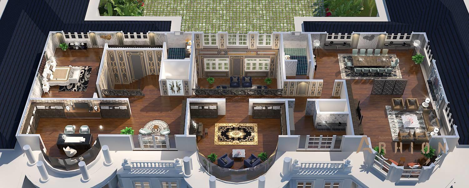 4. Проект трехэтажного дома в классическом стиле с многоскатной кровлей, v-2750, площадью - 2016 кв c цокольным этажом, терассой, гаражом, бассейном, эркером, вторым светом