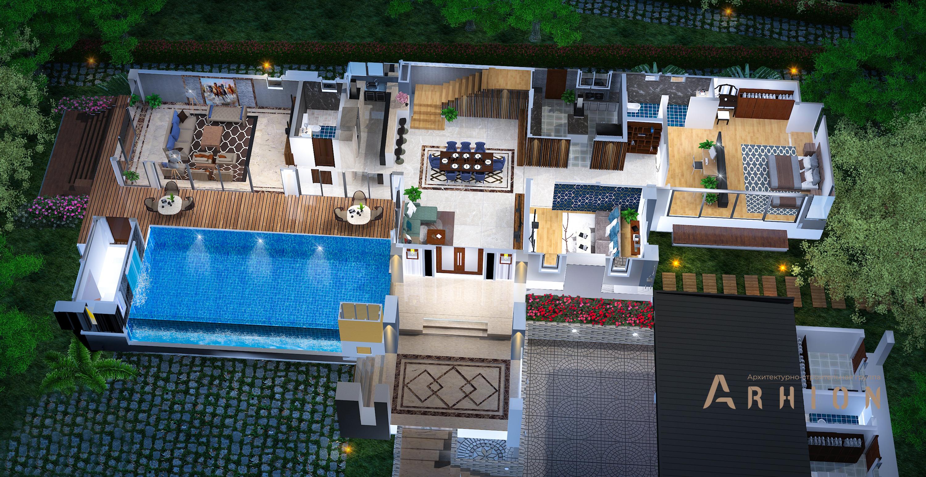 3. Проект двухэтажного дома в стиле хай-тек с плоской кровлей , v-300, площадью - 215 кв c терассой, балконом, гаражом, бассейном