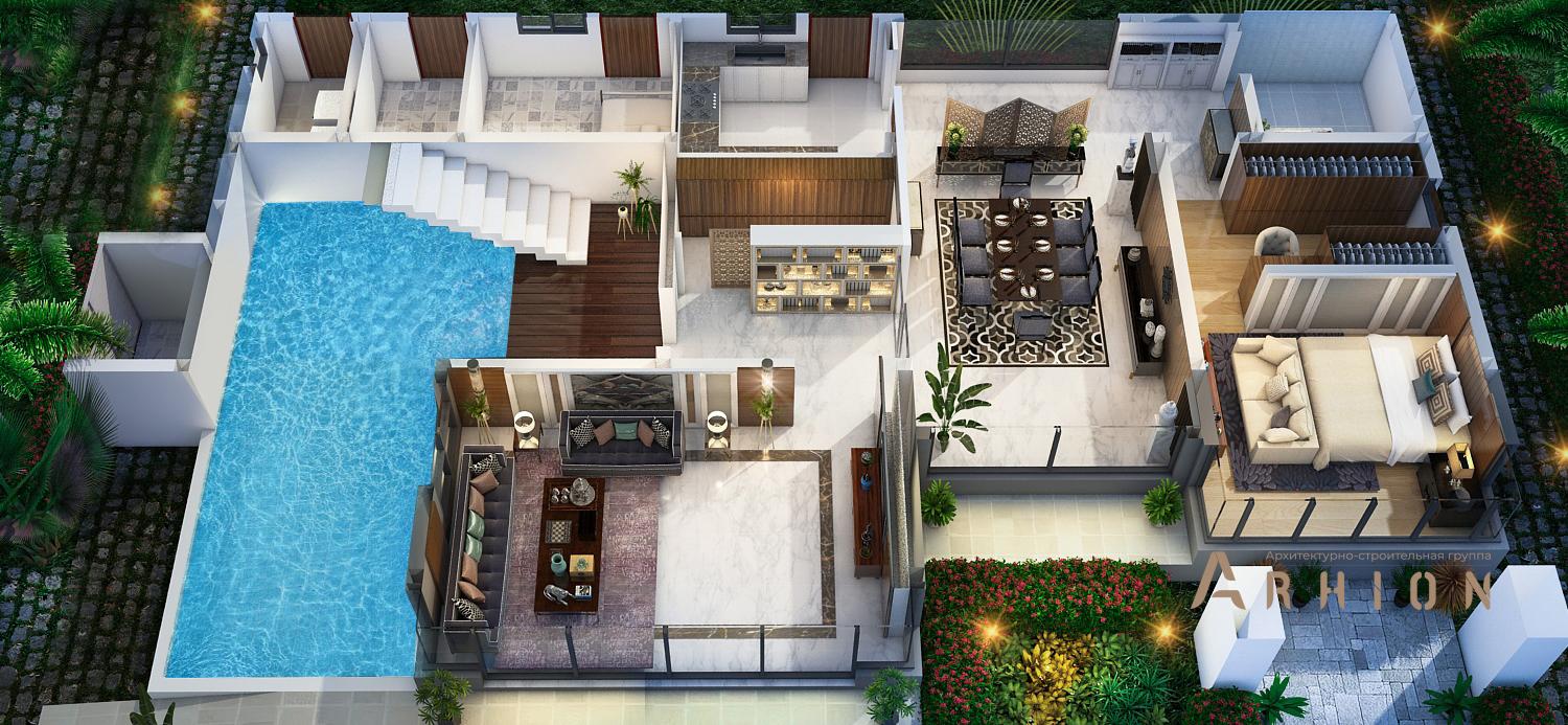 2. Проект двухэтажного дома в стиле хай-тек с плоской кровлей , v-435, площадью - 330 кв c терассой, балконом, бассейном