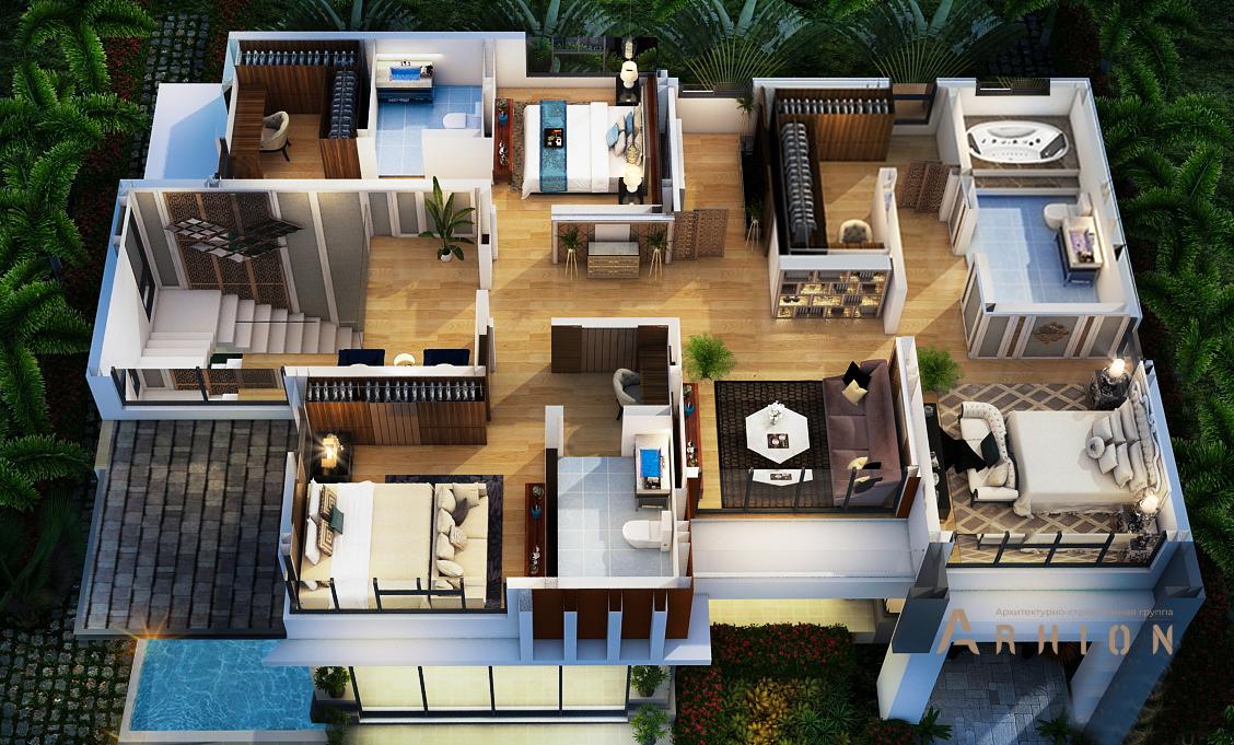 3. Проект двухэтажного дома в стиле хай-тек с плоской кровлей , v-435, площадью - 330 кв c терассой, балконом, бассейном