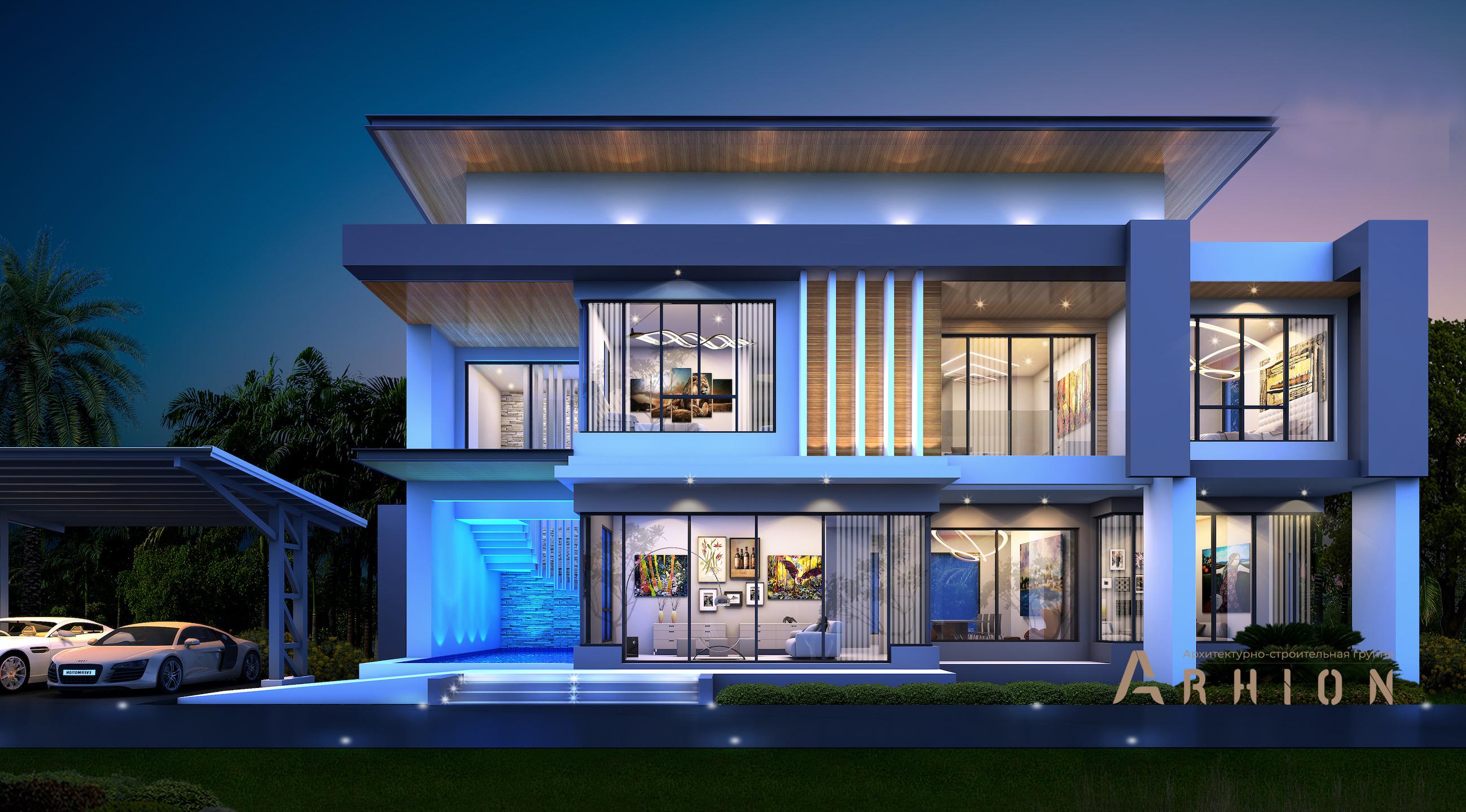 1. Проект двухэтажного дома в стиле хай-тек с плоской кровлей , v-435, площадью - 330 кв c терассой, балконом, бассейном