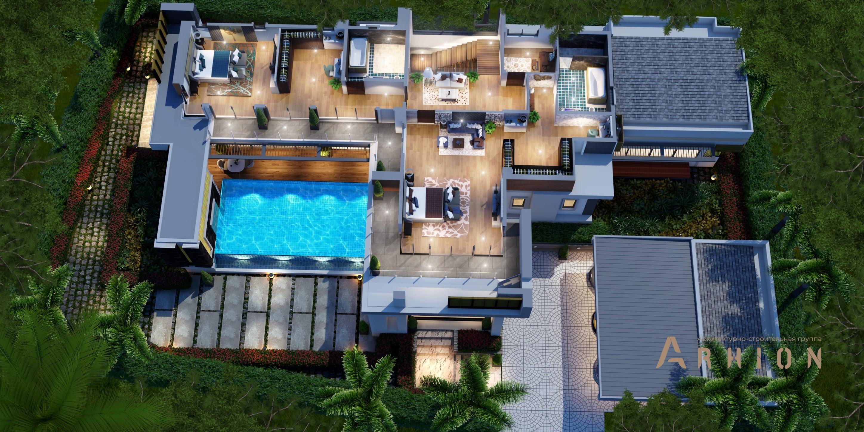 2. Проект двухэтажного дома в стиле хай-тек с плоской кровлей , v-515, площадью - 372 кв c терассой, балконом, гаражом, бассейном