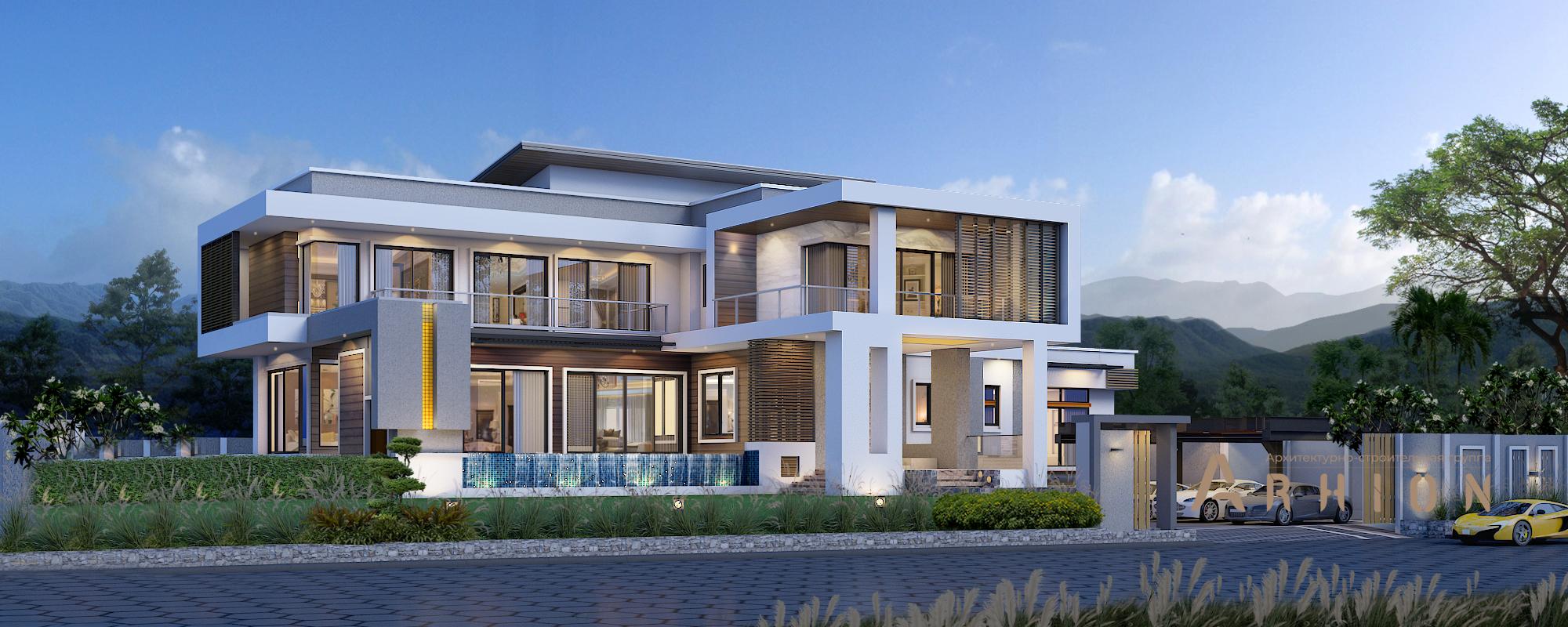 1. Проект двухэтажного дома в стиле хай-тек с плоской кровлей , v-515, площадью - 372 кв c терассой, балконом, гаражом, бассейном