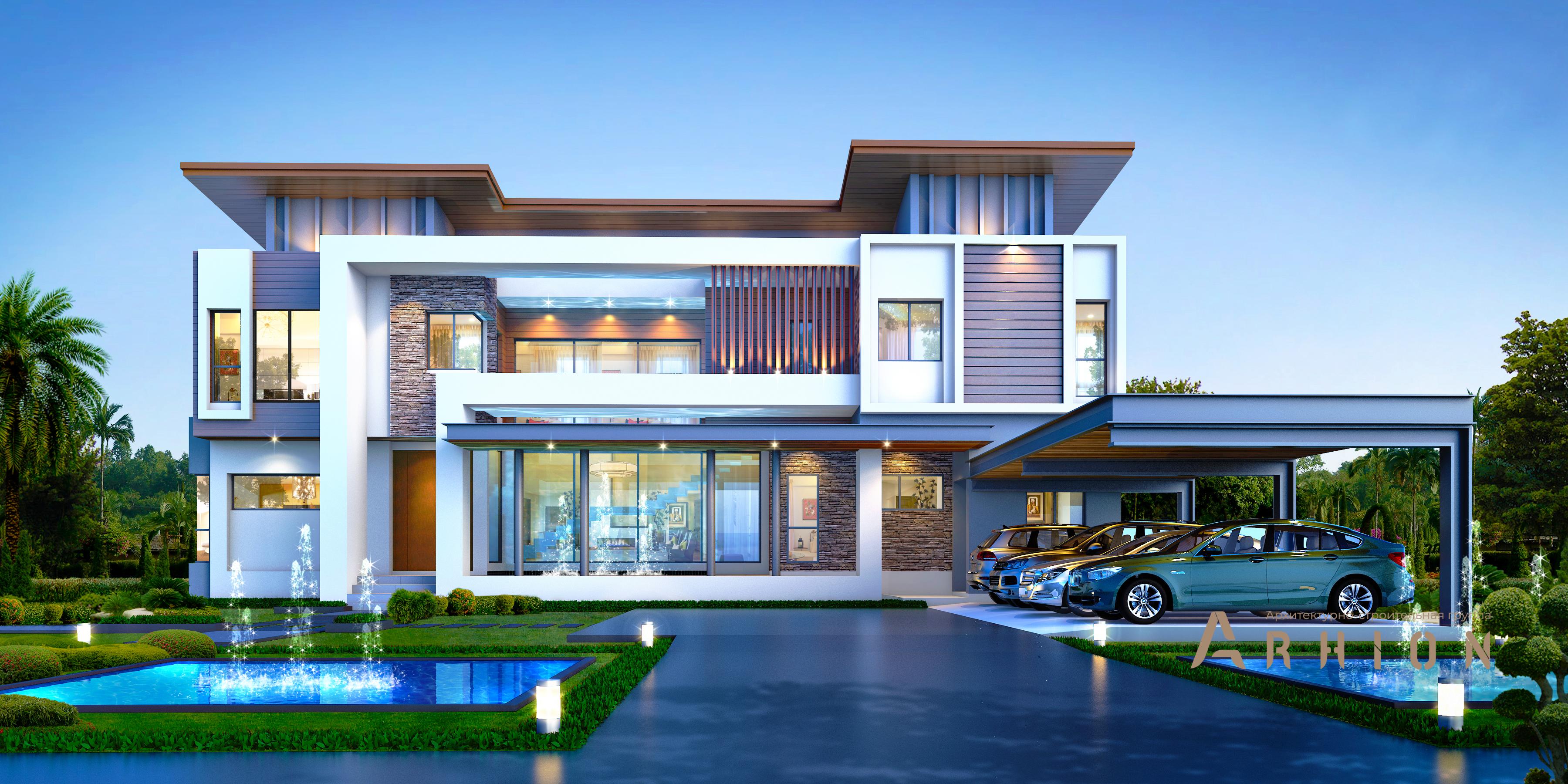 1. Проект трехэтажного дома в стиле хай-тек с плоской кровлей , v-535, площадью - 510 кв c терассой, гаражом, бассейном