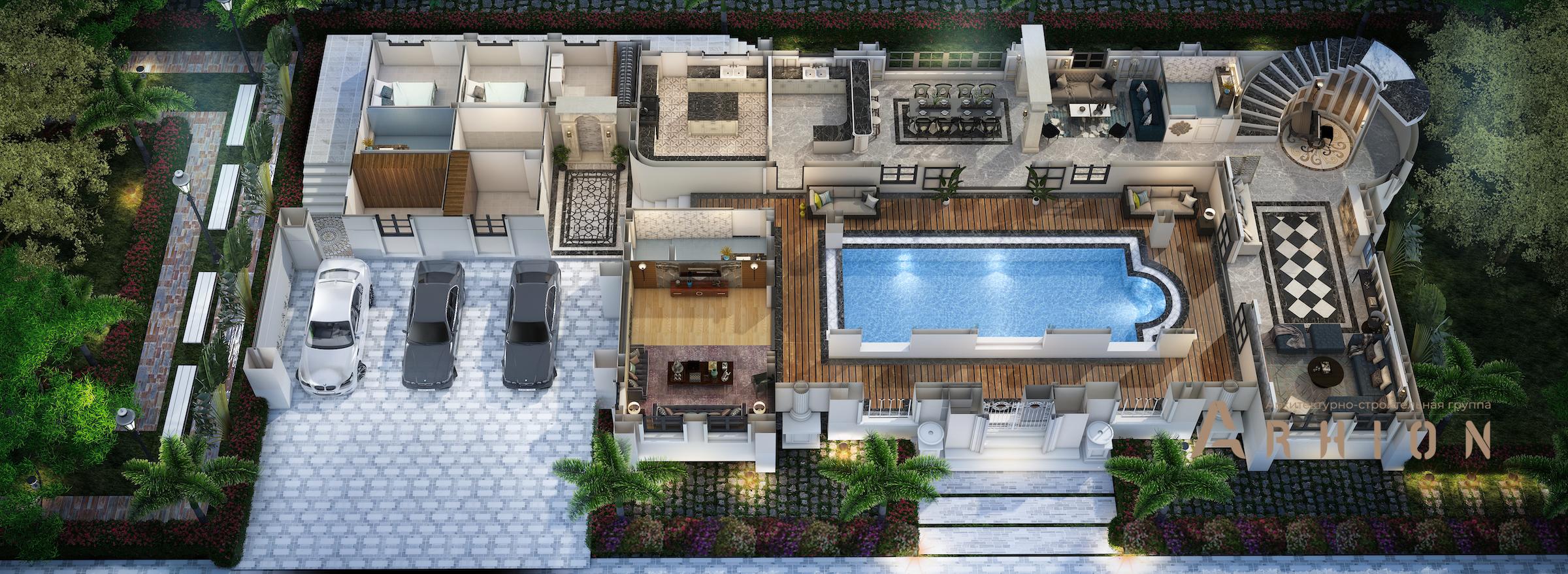 5. Проект двухэтажного дома в классическом стиле с плоской кровлей , v-555, площадью - 466 кв c терассой, балконом, бассейном, вторым светом