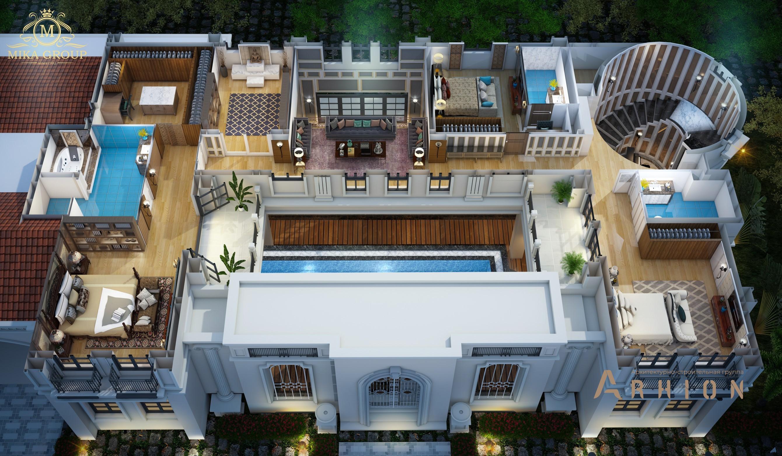 4. Проект двухэтажного дома в классическом стиле с плоской кровлей , v-555, площадью - 466 кв c терассой, балконом, бассейном, вторым светом