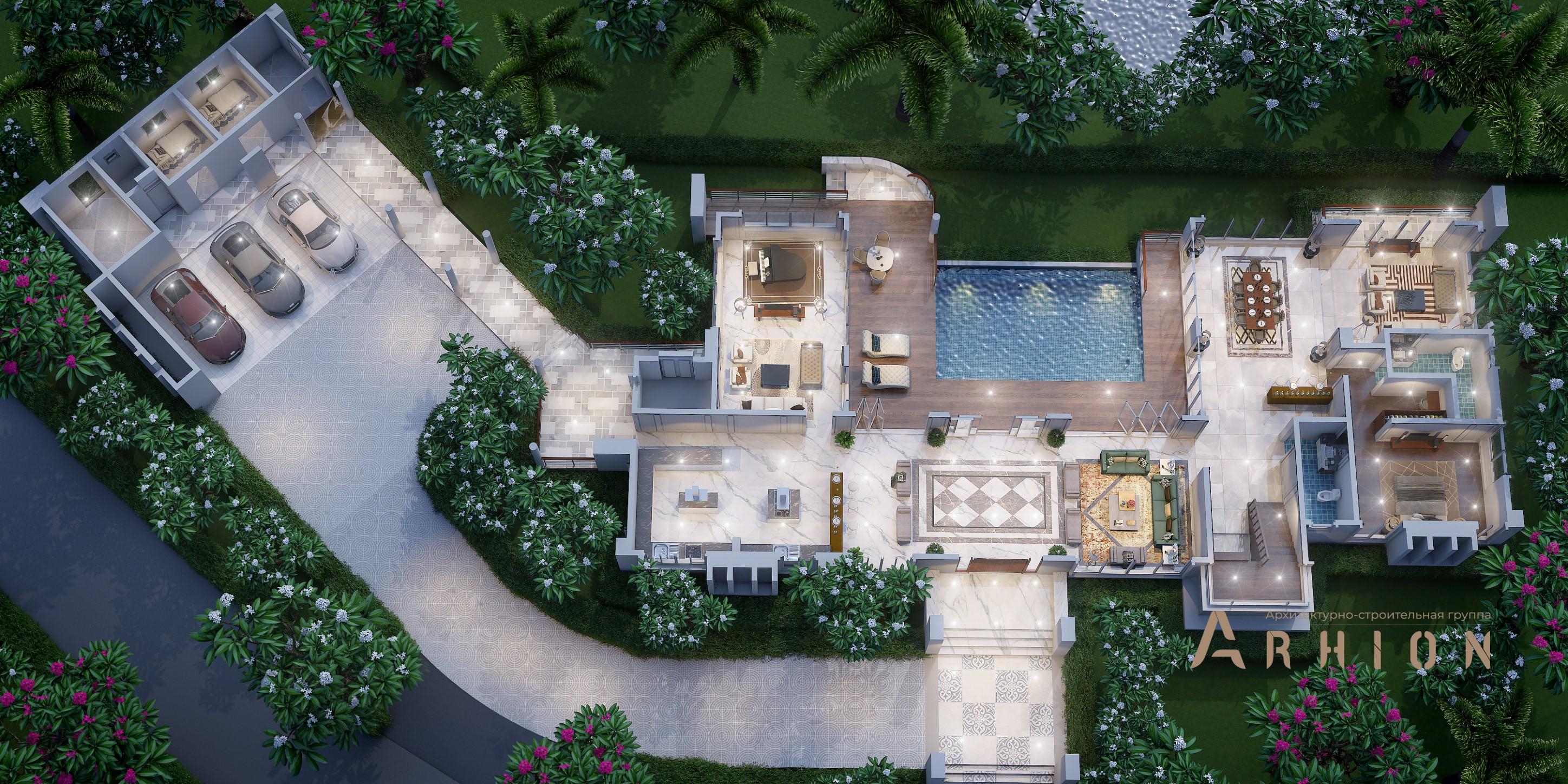 2. Проект трехэтажного дома в стиле хай-тек с плоской кровлей , v-560, площадью - 415 кв c терассой, балконом, гаражом, бассейном, вторым светом