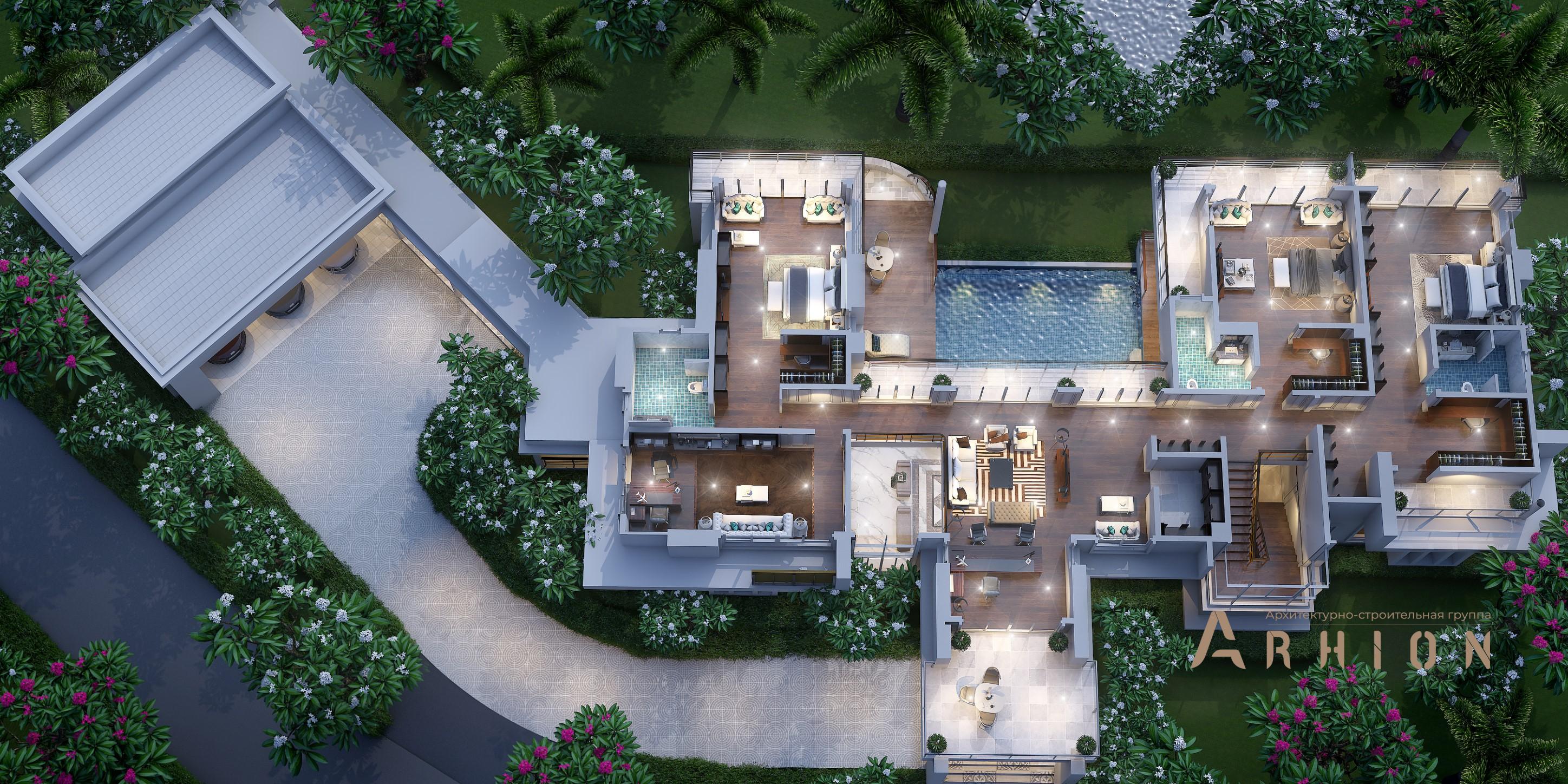 3. Проект трехэтажного дома в стиле хай-тек с плоской кровлей , v-560, площадью - 415 кв c терассой, балконом, гаражом, бассейном, вторым светом