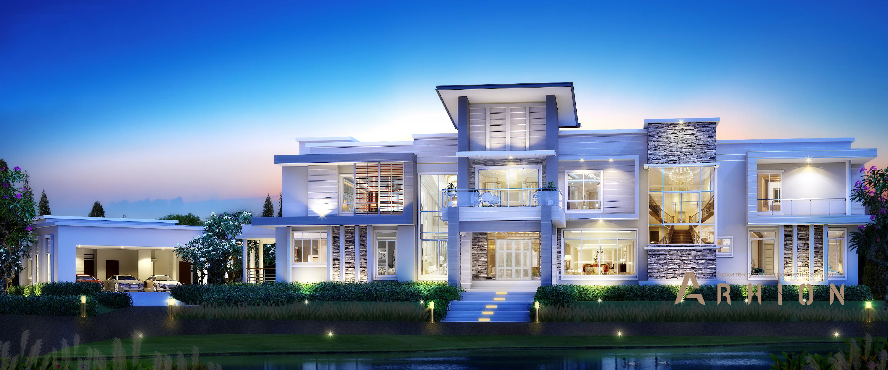 1. Проект трехэтажного дома в стиле хай-тек с плоской кровлей , v-560, площадью - 415 кв c терассой, балконом, гаражом, бассейном, вторым светом