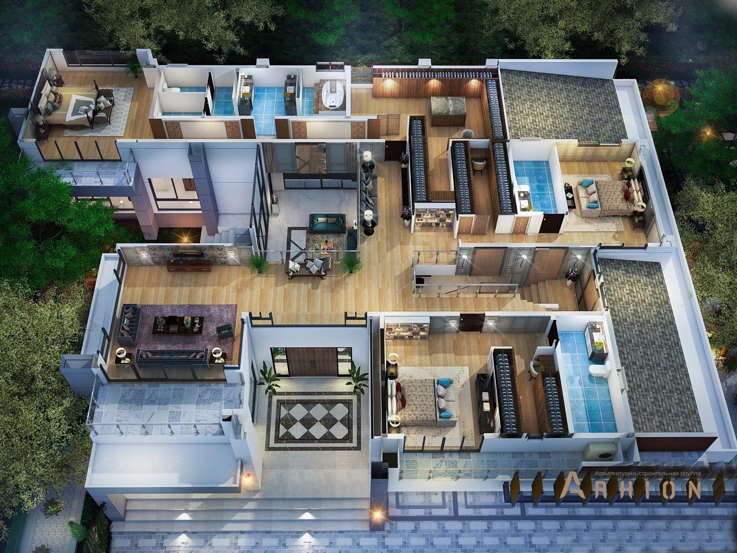 2. Проект двухэтажного дома в стиле хай-тек с плоской кровлей , v-610, площадью - 442 кв c балконом, гаражом, вторым светом