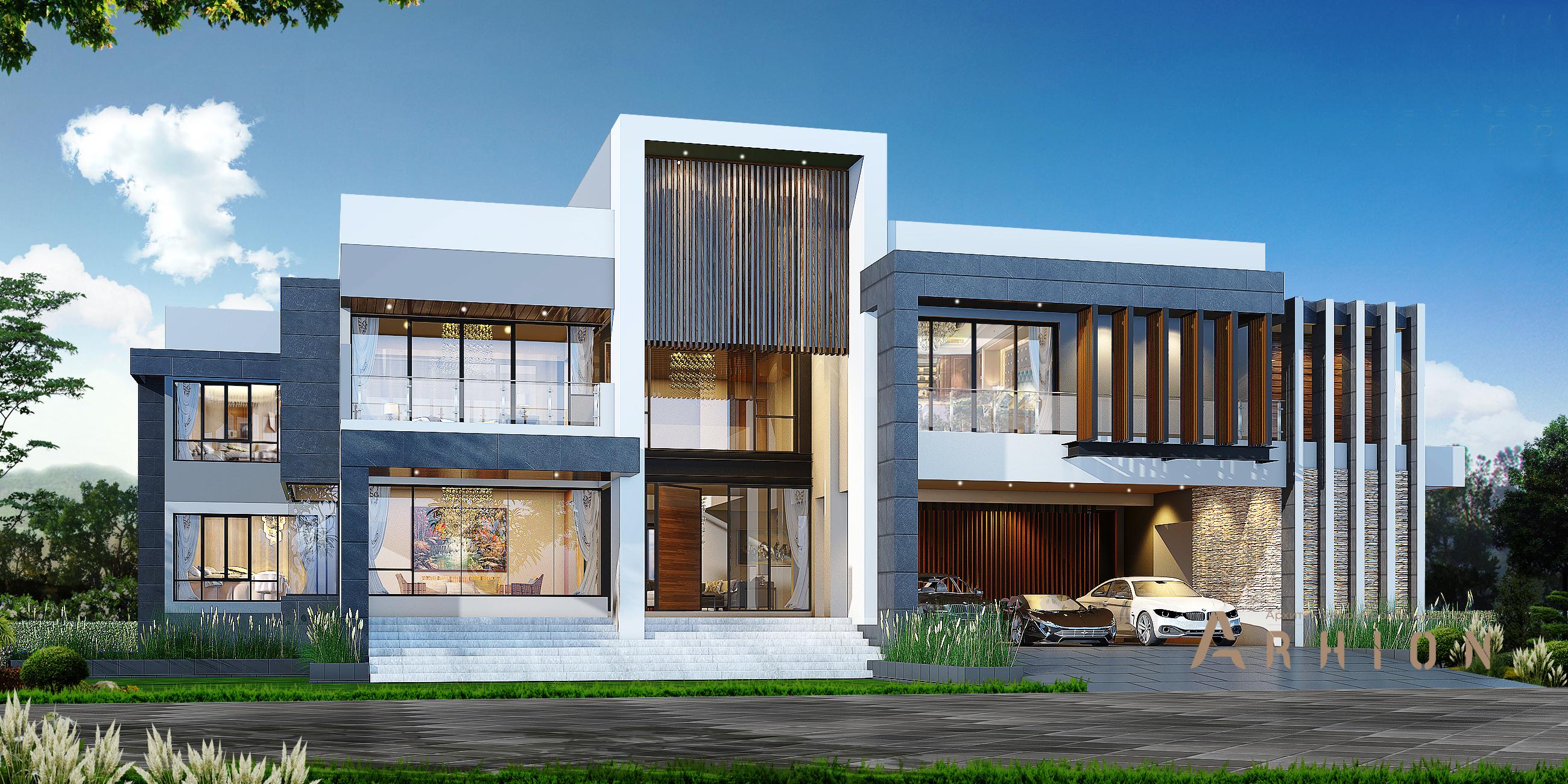 1. Проект двухэтажного дома в стиле хай-тек с плоской кровлей , v-610, площадью - 442 кв c балконом, гаражом, вторым светом