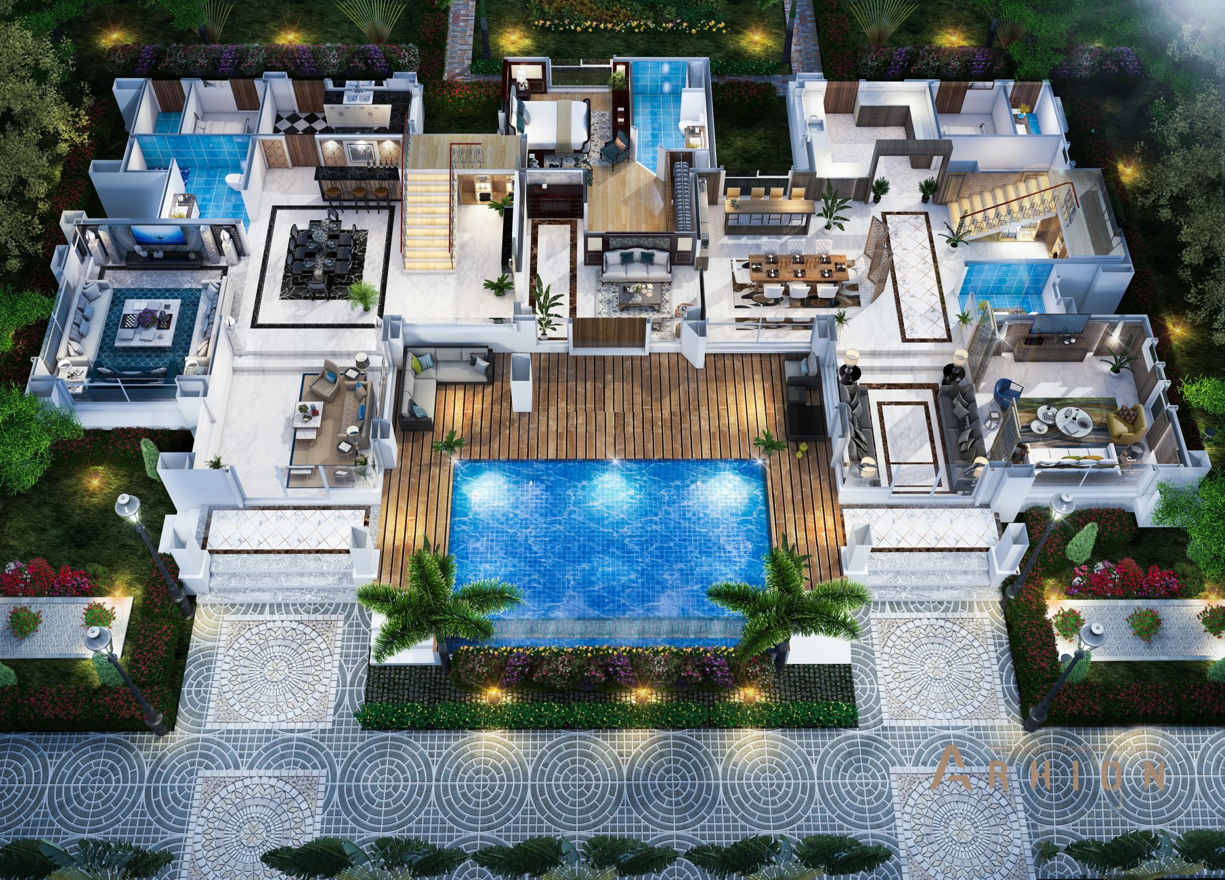 3. Проект двухэтажного дома в стиле хай-тек с плоской кровлей , v-650, площадью - 524 кв c терассой, балконом, бассейном