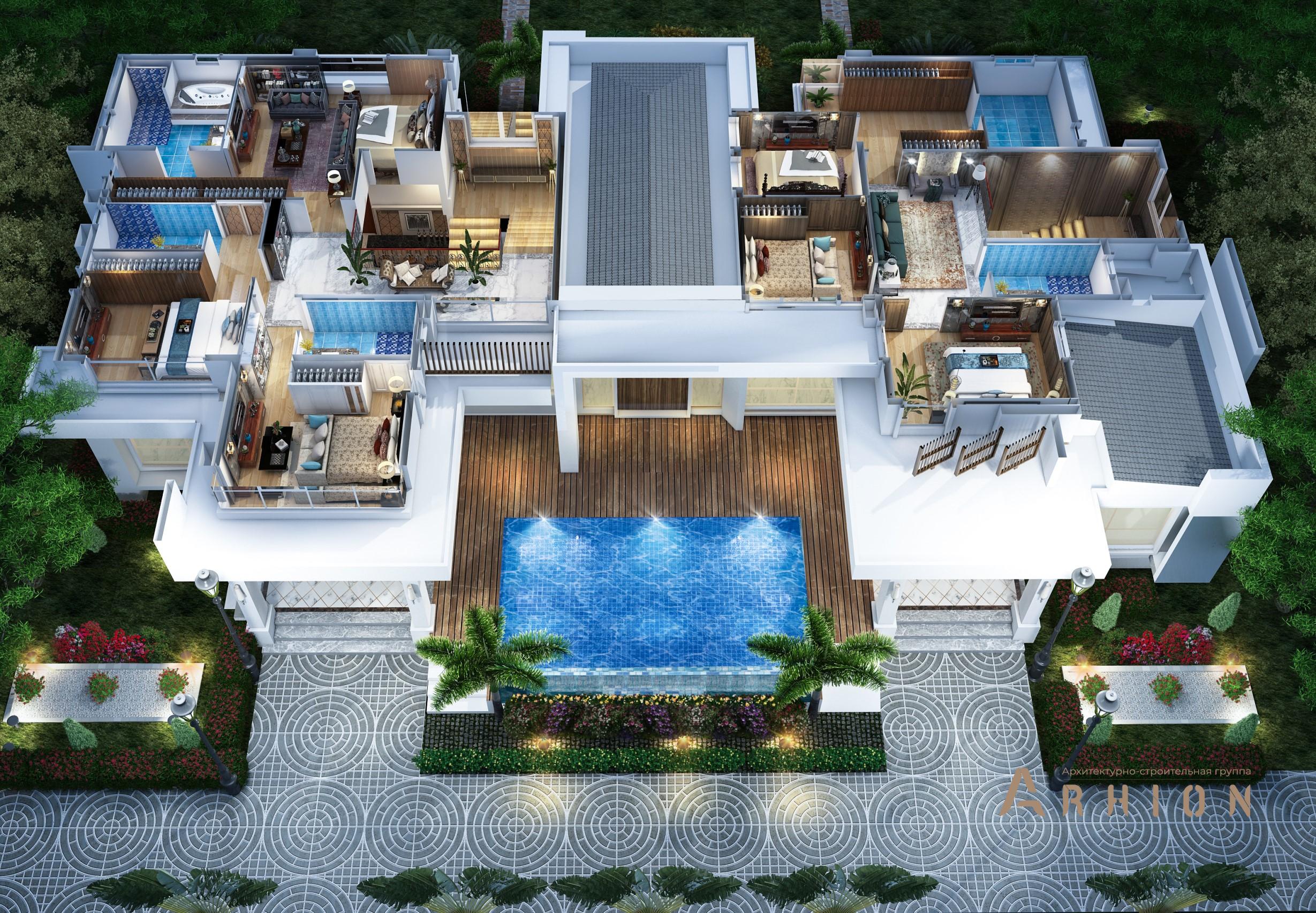 2. Проект двухэтажного дома в стиле хай-тек с плоской кровлей , v-650, площадью - 524 кв c терассой, балконом, бассейном