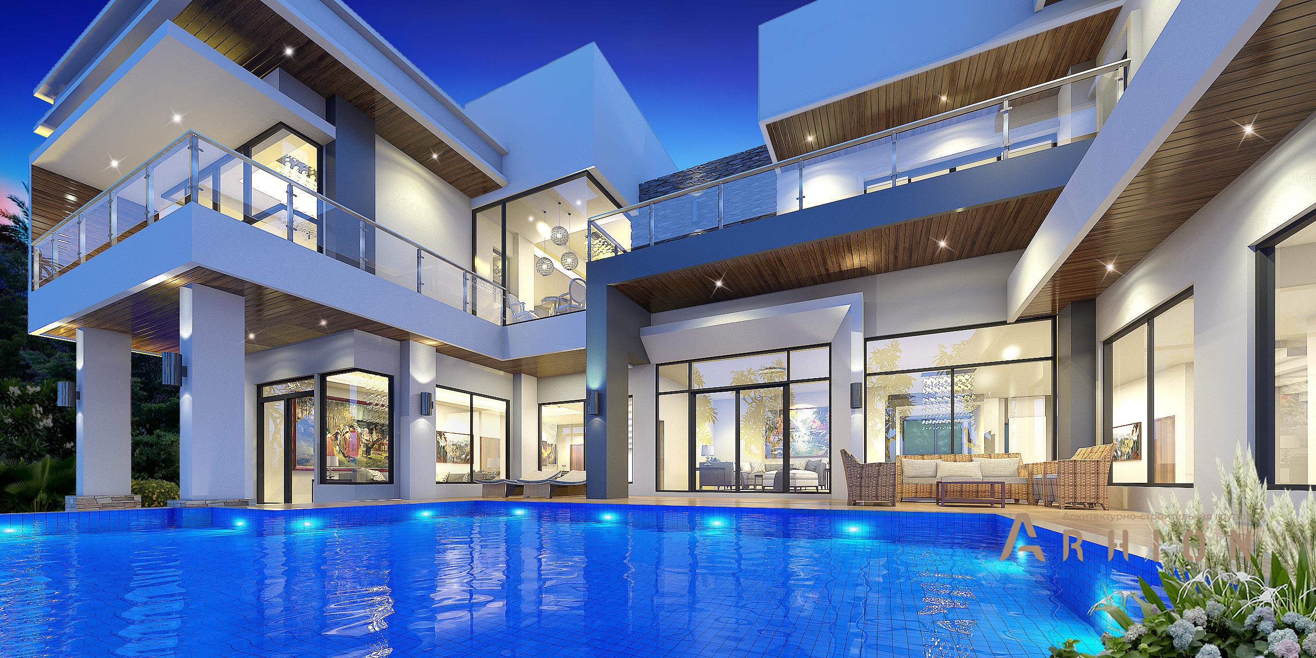 4. Проект двухэтажного дома в стиле хай-тек с плоской кровлей , v-650, площадью - 524 кв c терассой, балконом, бассейном