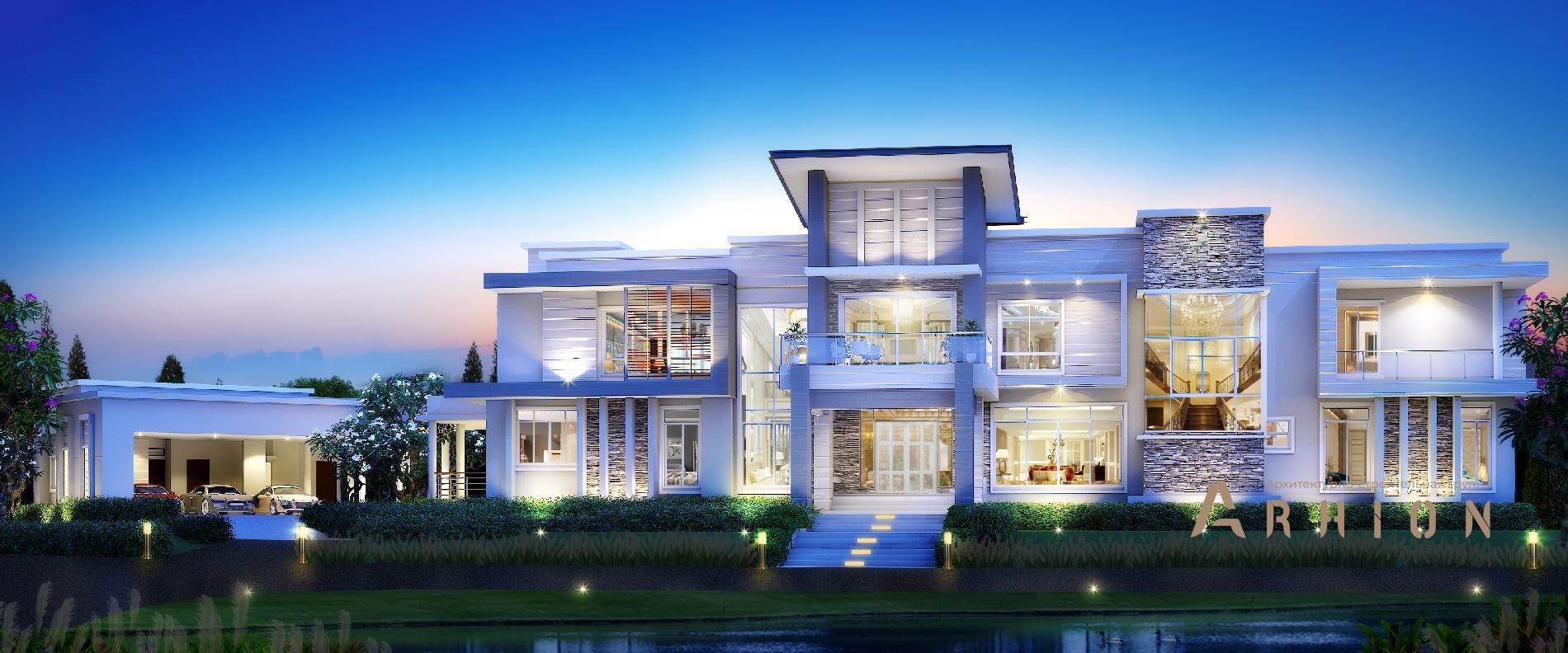 1. Проект двухэтажного дома в стиле хай-тек с плоской кровлей , v-660, площадью - 385 кв c терассой, балконом, гаражом, бассейном, вторым светом