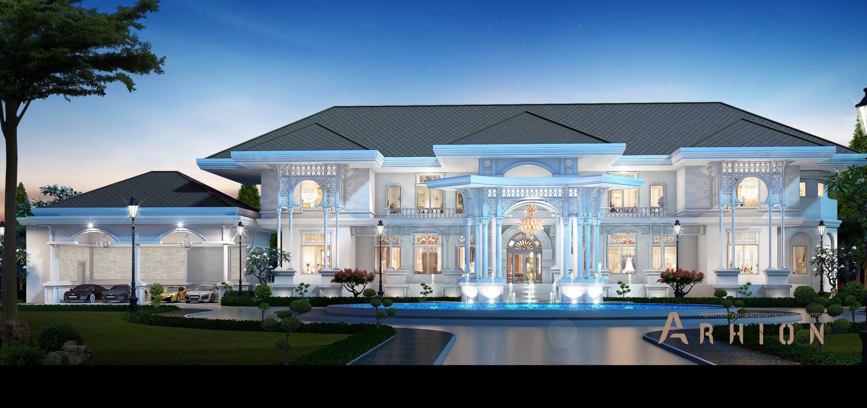 1. Проект двухэтажного дома в стиле барокко с многоскатной кровлей, V-680, площадью - 565 кв c терассой, балконом, гаражом, бассейном, эркером