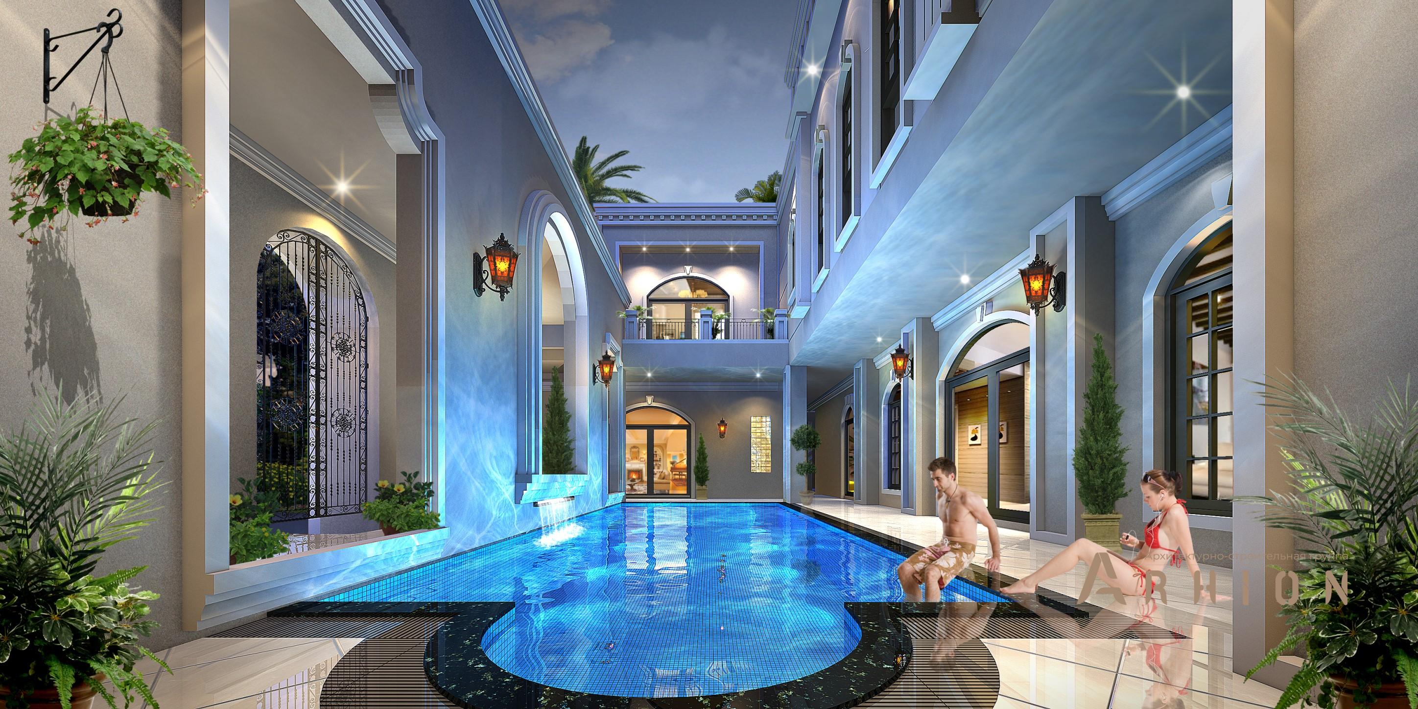 2. Проект двухэтажного дома в классическом стиле с плоской кровлей , v-700, площадью - 560 кв c терассой, балконом, гаражом, бассейном, эркером, вторым светом