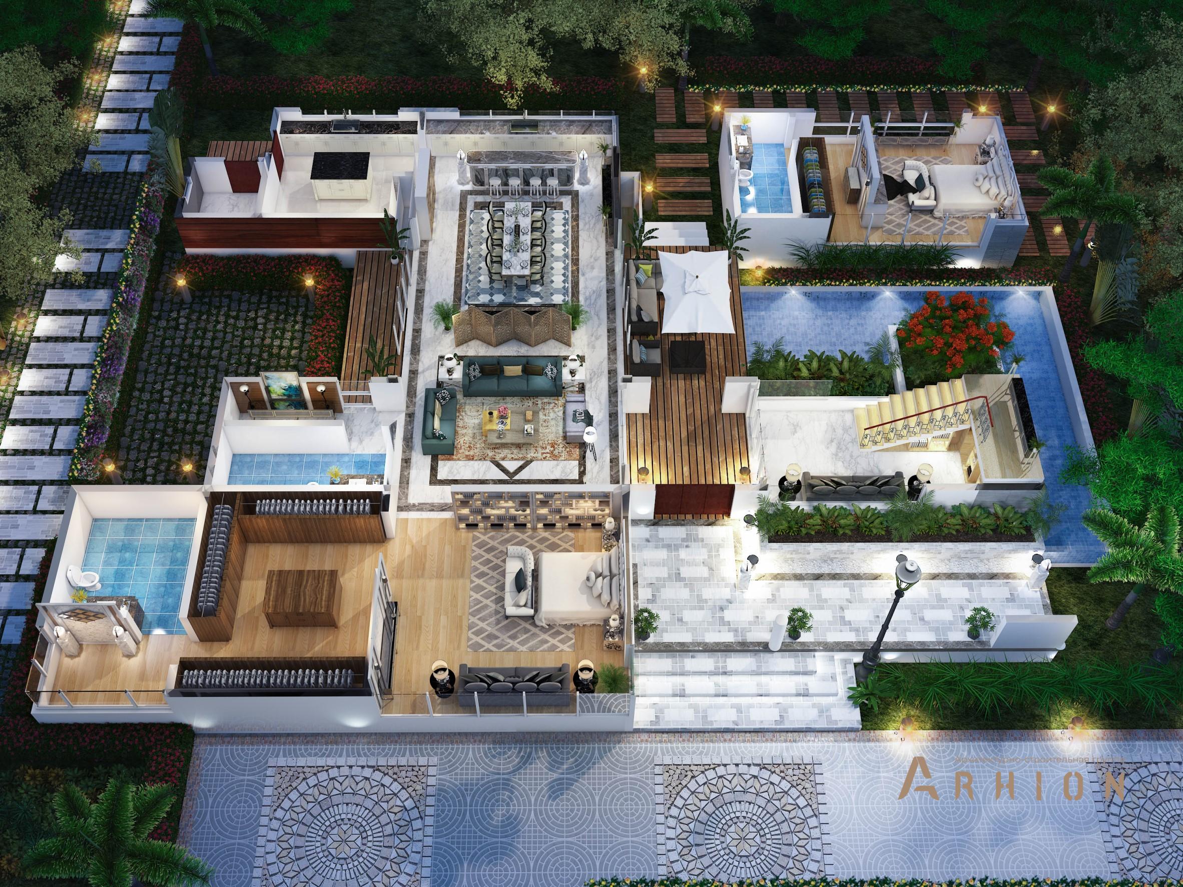 2. Проект двухэтажного дома в стиле хай-тек с плоской кровлей , v-735, площадью - 583 кв c терассой, гаражом, бассейном, вторым светом